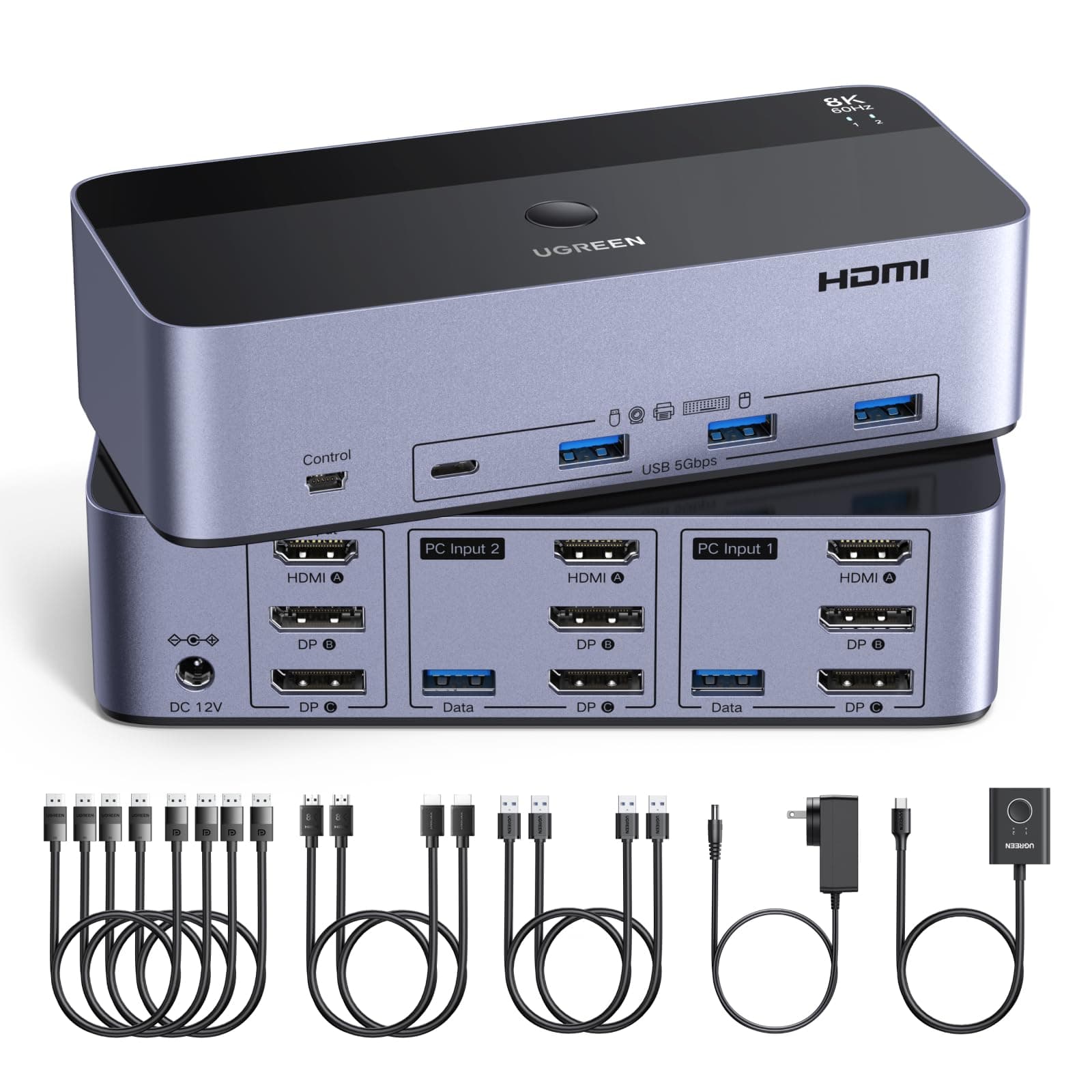 UGREEN Switch KVM HDMI+DP 2 Entrées 3 Sorties 8K 60Hz Double Affichage Commutateur KVM USB 3A +1C 3.0 5Gbps pour Clavier Souris Disque Dur Contrôleur de Bureau Câbles HDMI+DP+USB Inclus
