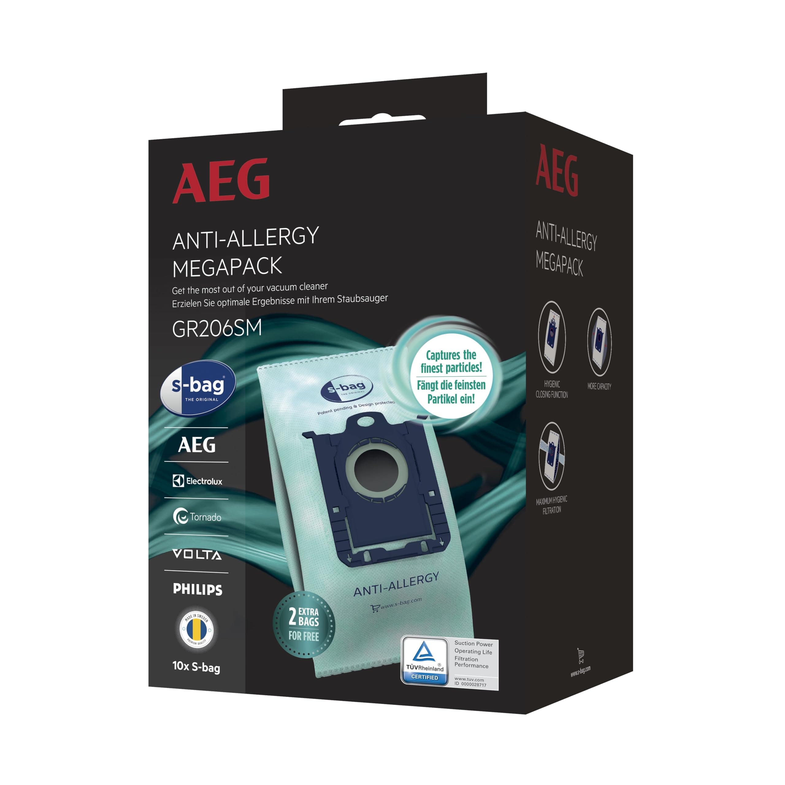 AEG GR206SM S-Bag Staubbeutel Anti-Allergy MegaPack, 8+2 Synthetik Staubsaugerbeutel für Dauerhaft Hohe Saugleistung, reduziert Pollen, Milben & Allergene, Für Allergiker, Beutelsauger
