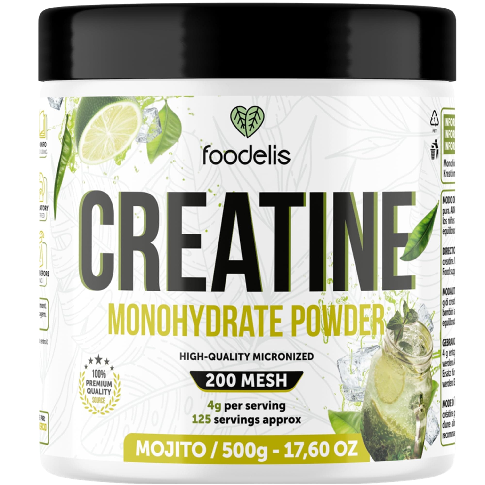Foodelis Creatina Monohidratada en Polvo 500 g – Sabor Mojito – 100% Creatina Micronizada – Alta Pureza – Sin Aditivos – Vegana – Alta Solubilidad – Incluye Dosificador