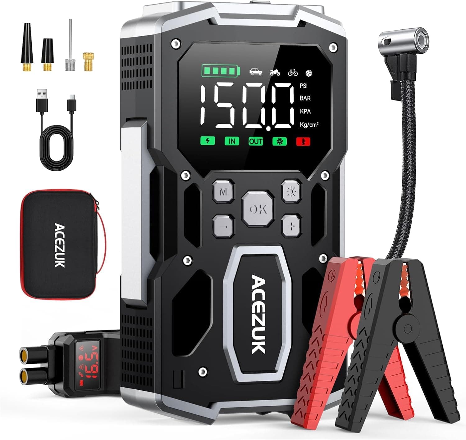 ACEZUK Booster Batterie Voiture 8000A, 150PSI Gonfleur Pneus Voiture, 26800mAh Démarreur avec Compresseur à Air, 12V Jump Starter pour Véhicule(Tout Gaz ou 10L Diesel), 400 Lumens LED