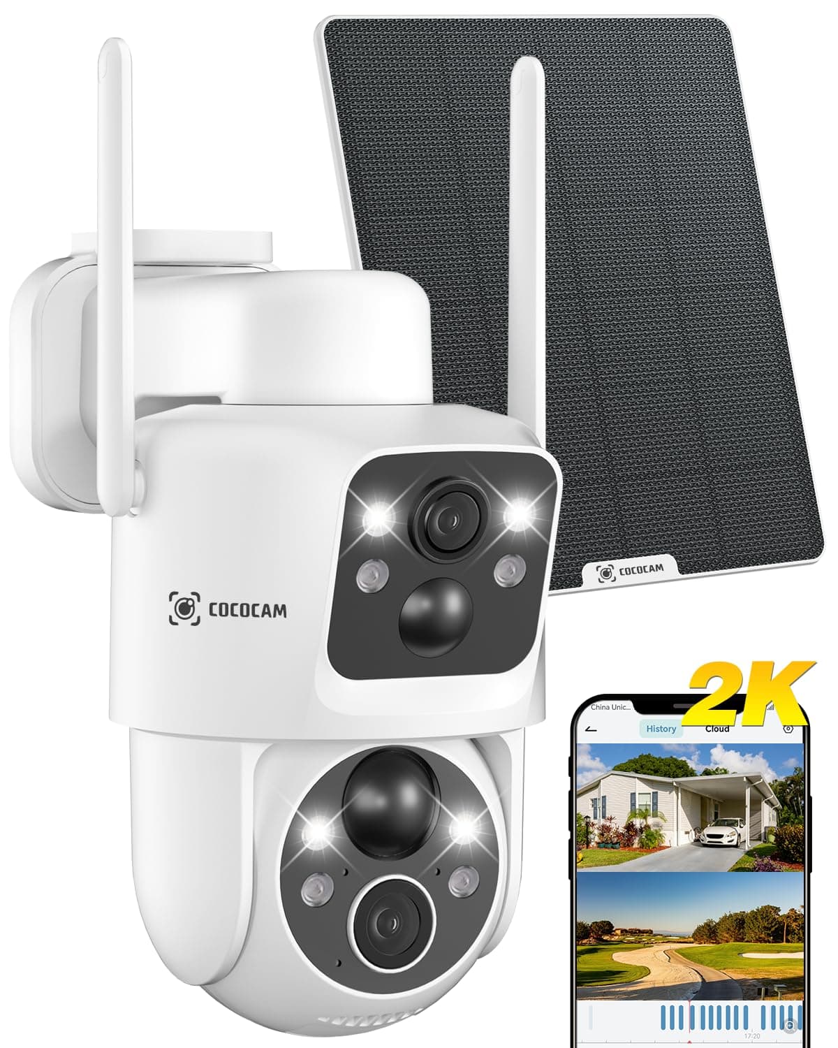 COCOCAM 2K Camera Surveillance WiFi Exterieure sans Fil, Double Objectif Double PIR, Batterie 10000mAh, 6W Panneau Solaire, 355°P 90°T, Analyse IA, Vision Nocturne Couleur