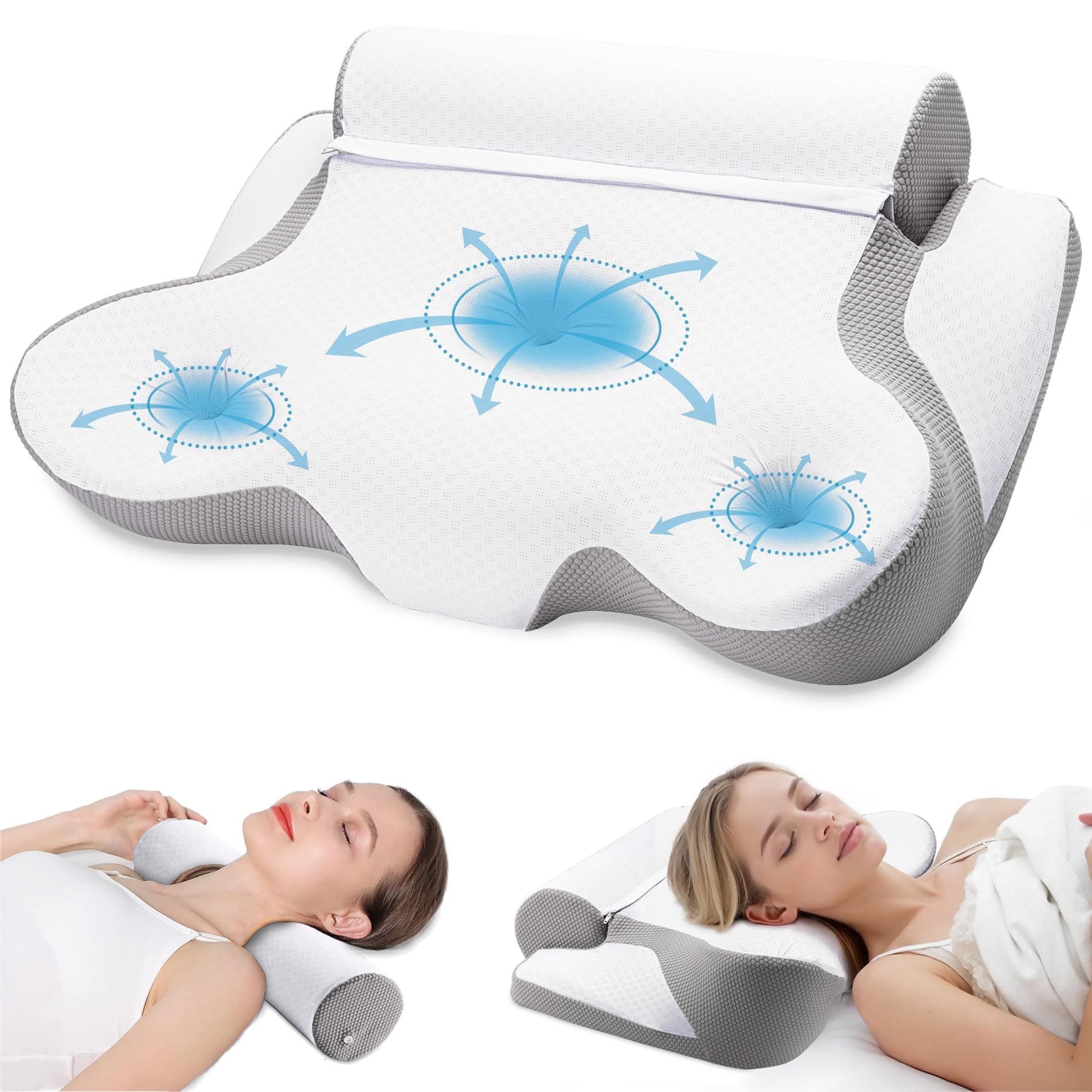 TopEsct Cuscino Cervicale per Dormire, 2 in 1 Cuscino Ergonomico Memory Foam Cervicale, Cuscino Cervicale & Cuscino Cilindrico (Grigio)