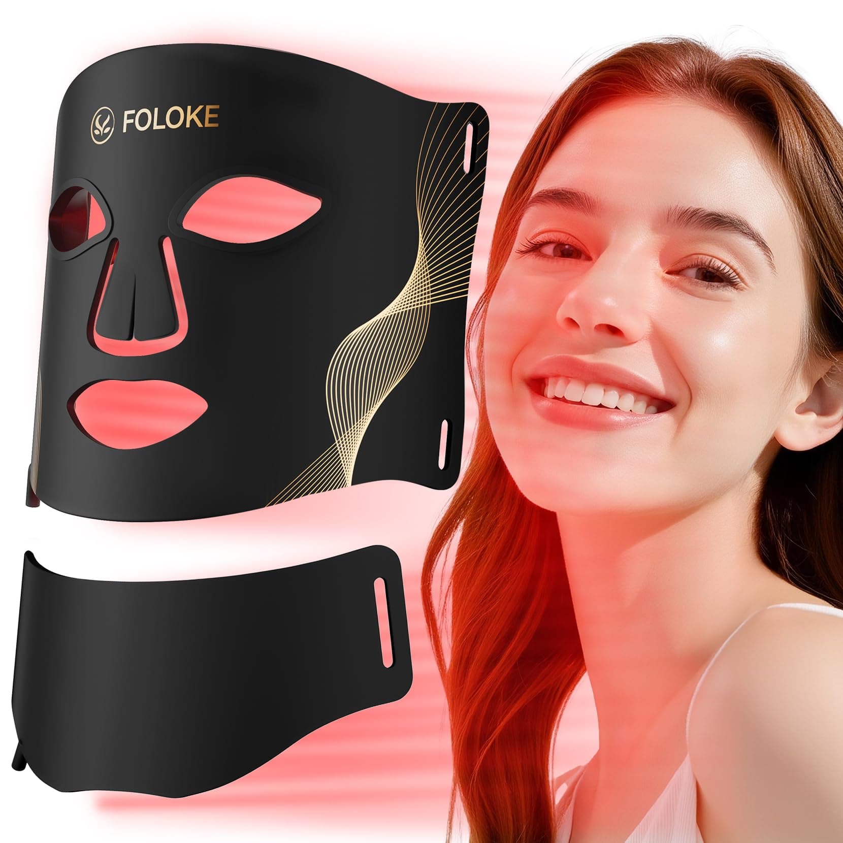 FOLOKE Máscara de Terapia con Luz LED para Cuidado de la Piel, Máscara LED para cara y cuello, Rojo - Longitud de onda para uso en el hogar, – Cuidado avanzado de la piel hecho fácil