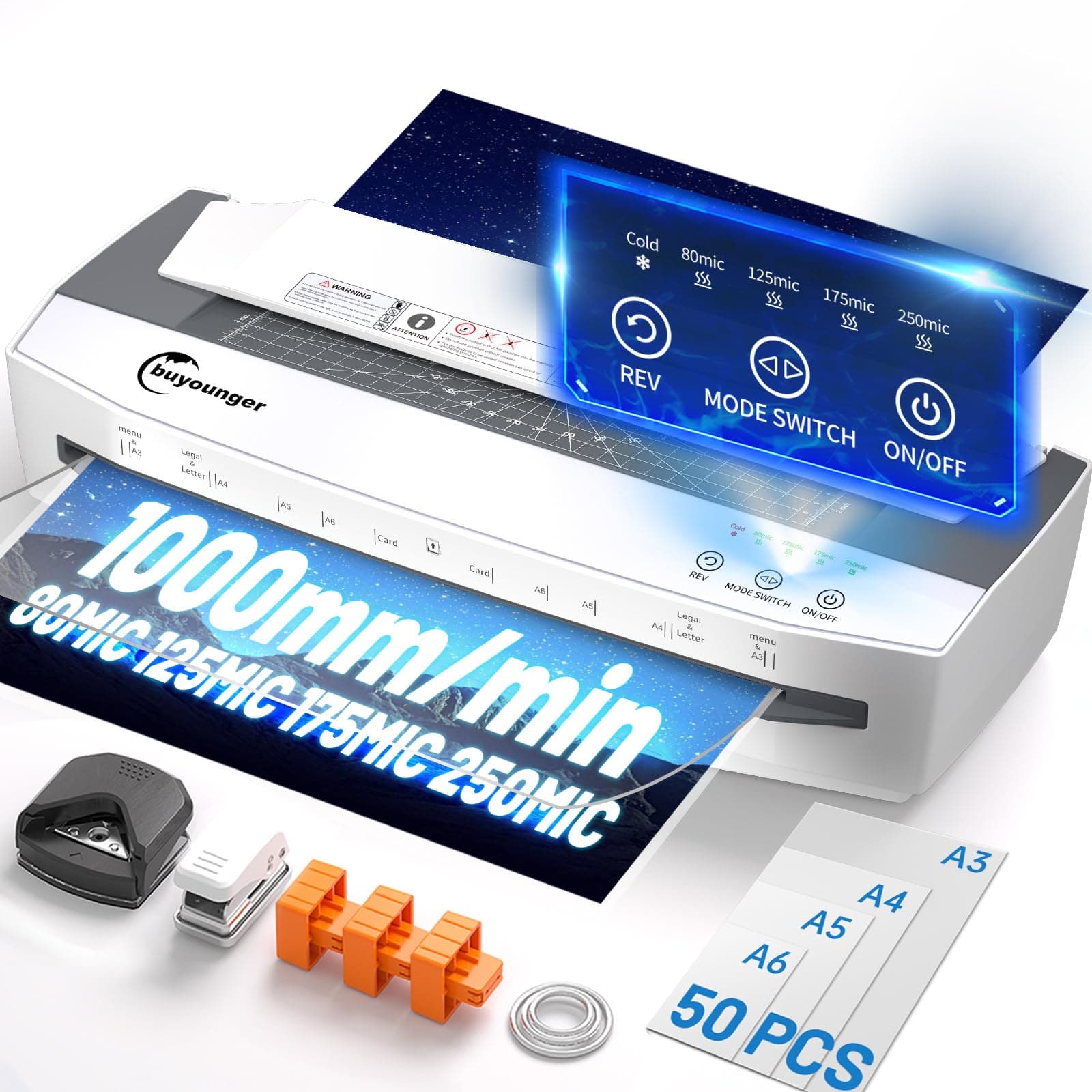 Buyounger Plastificadora A3 (80-250 micras), Plastificadora Profesional de 4 Rodillos con 50 Bolsas y 1000mm/min para A3/A4/A5/A6, Laminadora con REV Sin Atascos para la Oficina, la Escuela y el Hogar