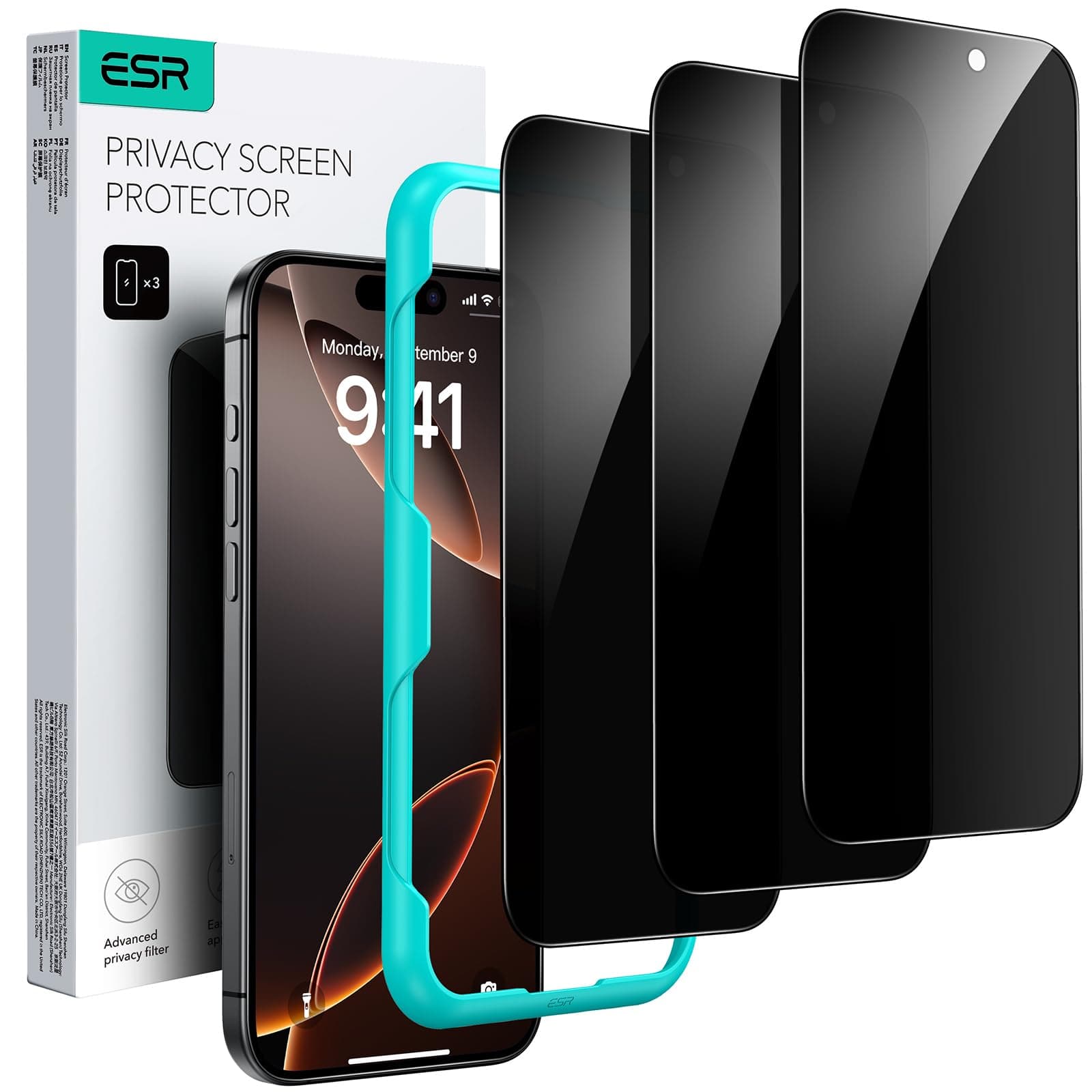 ESR für iPhone 16 Pro Max für Panzerglas, Displayschutzfolie 3 Stück, Display Sichtschutzfolie aus gehärtetem Glas mit einfachem Befestigungswerkzeug, mikrogebogene Kanten, Hüllenfreundlich