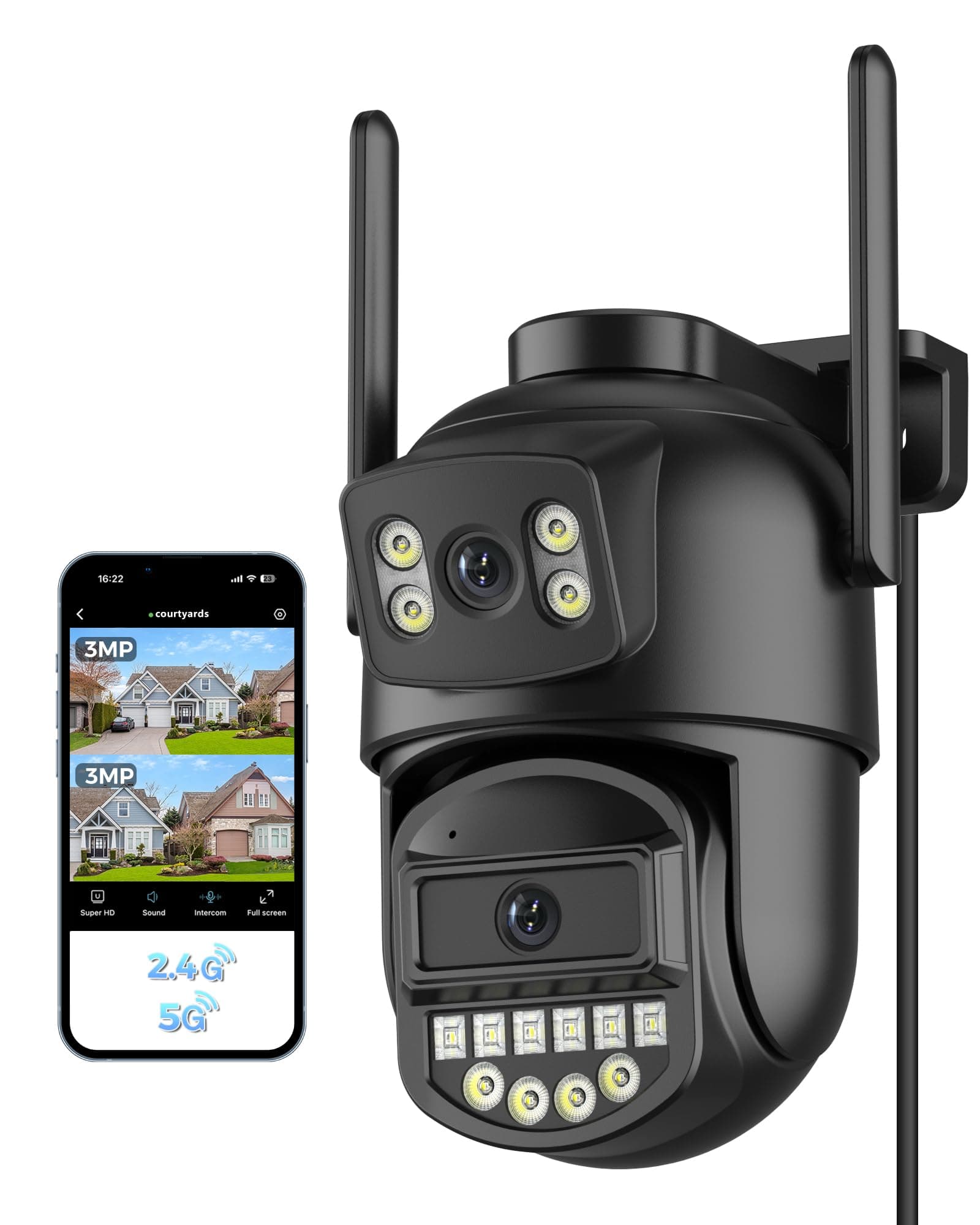 Reobiux Camara Vigilancia WiFi Exterior, Doble Lente, 6MP, 2.4/5Ghz Camara Vigilancia,360°, PTZ,Ethernet,Interior, Cable,Visión Nocturna Color,Two-Way Audio,Detección Humana,IP66