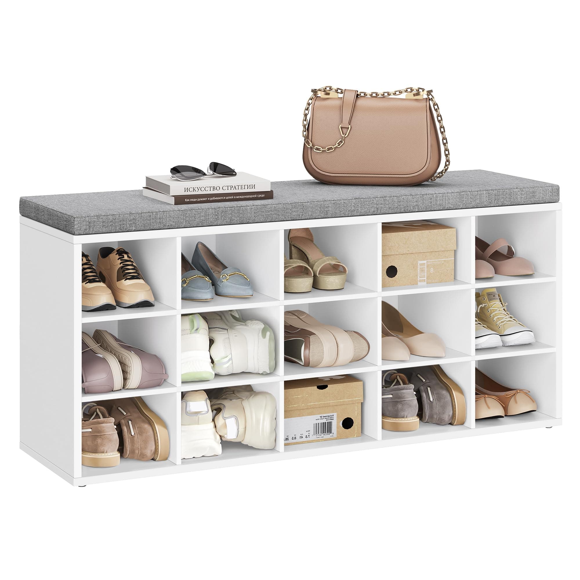 VASAGLE Banco Zapatero, Mueble Zapatero, Banco Recibidor con 15 Compartimentos y Asiento Acolchado, 30 x 105 x 48 cm, Entrada, Dormitorio, Sala de Estar, Blanco y Gris LHS15WT