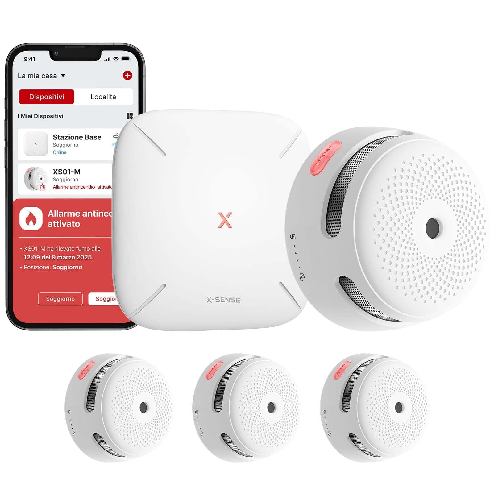 X-Sense Rilevatore di fumo intelligente XS01-M con stazione base SBS50, rilevatore di fumo senza fili con Wi-Fi, rilevatore di fuoco collegabile, compatibile con l'app, FS31