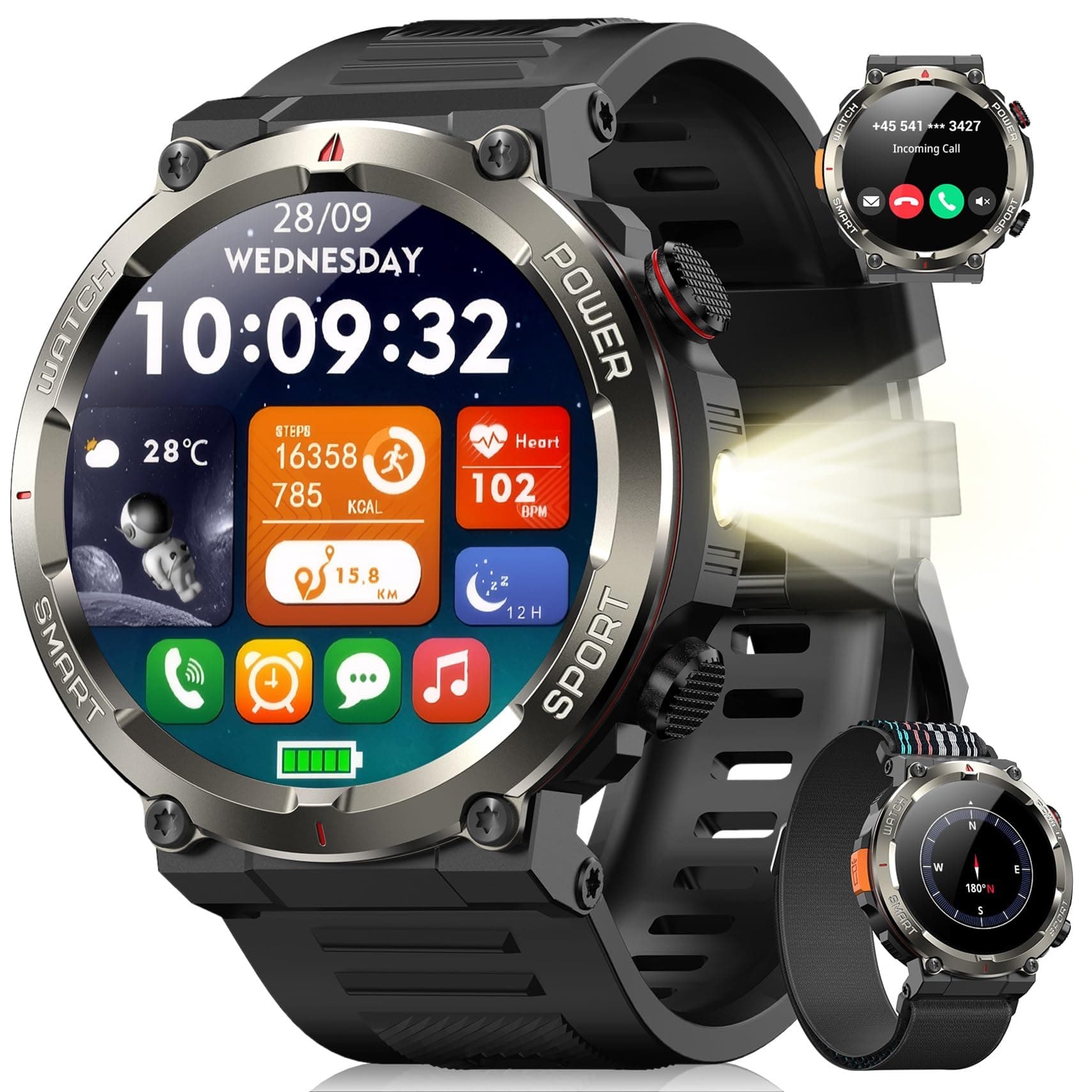 Blackview Reloj Inteligente Hombre con Linterna y Brújula, 1,45" Smartwatch con Llamadas Bluetooth, Pulsómetro, Oxímetro, Monitor de Sueño, Podómetro, 100+ Modos Deportivos, Batería Grande de 960 mAh
