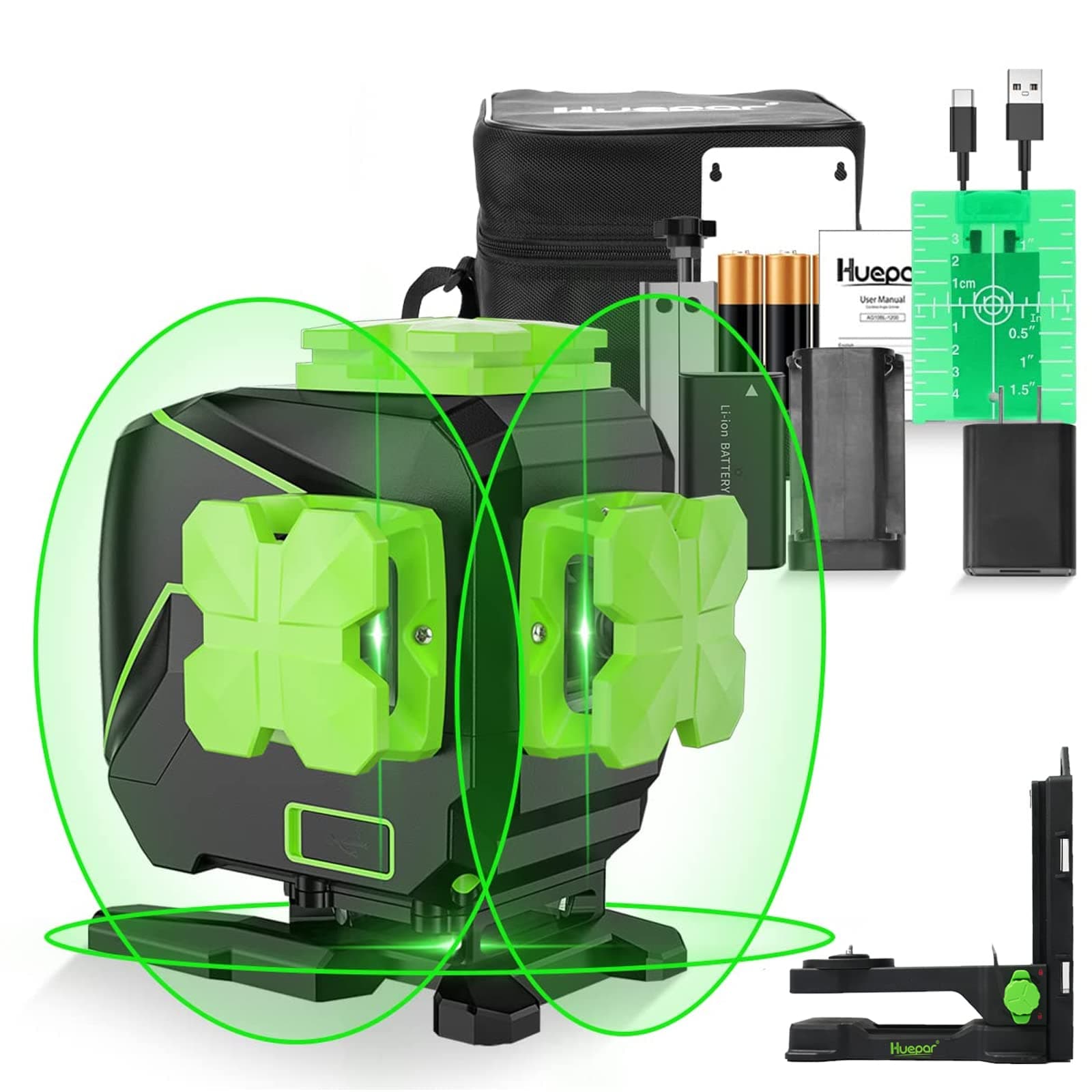 Nivel láser, Huepar 3 x 360° Instrumento láser de rayo verde autonivelante, líneas verticales y horizontales, batería de iones de litio y base giratoria magnética S03DG-L