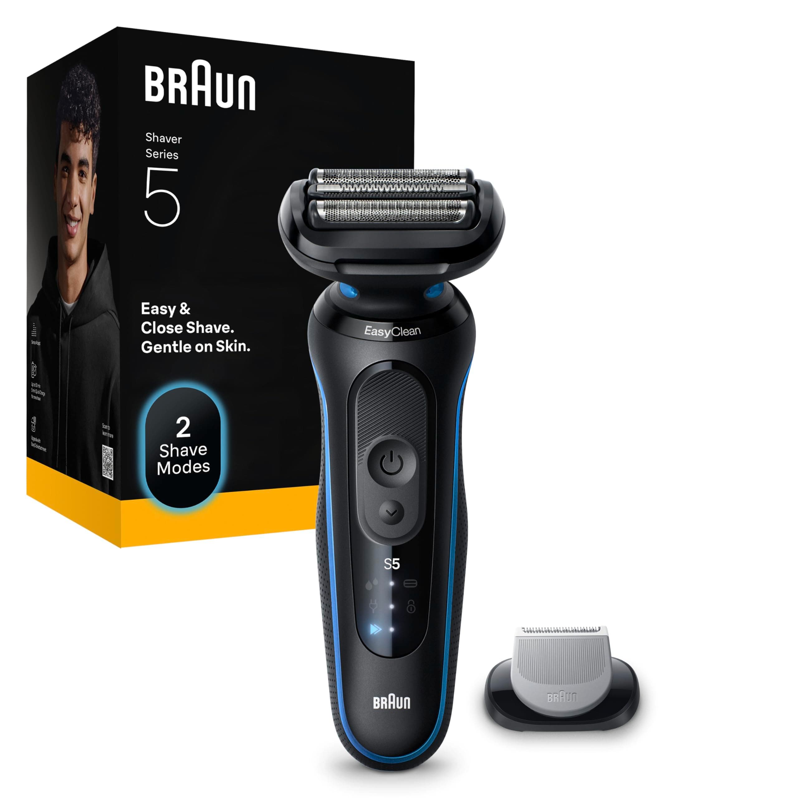 Braun Serie 5 Rasoio Elettrico Barba, Wet&Dry, Regolabarba Uomo, Rasoio Barba, 50 Min Di Utilizzo, Accessorio Rifinitore Corpo, Senza Fili, 100% Impermeabile, Regolabarba Braun, 52-B1600S, Blu
