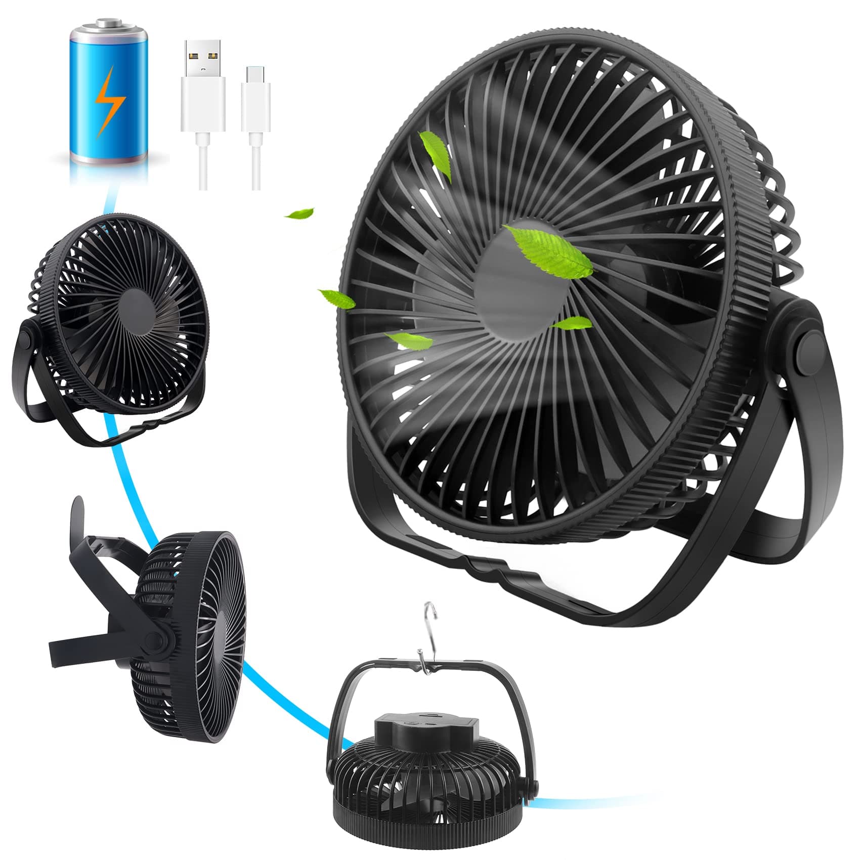 Ventilatore da Tavolo Silenzioso Potente a Batteria Ricaricabile 3 in 1, Ventilatore USB 3 Velocità 360° Regolabile, Mini Ventilatore Portatile Piccolo Ventilatore da Scrivania Casa Ufficio Campeggio
