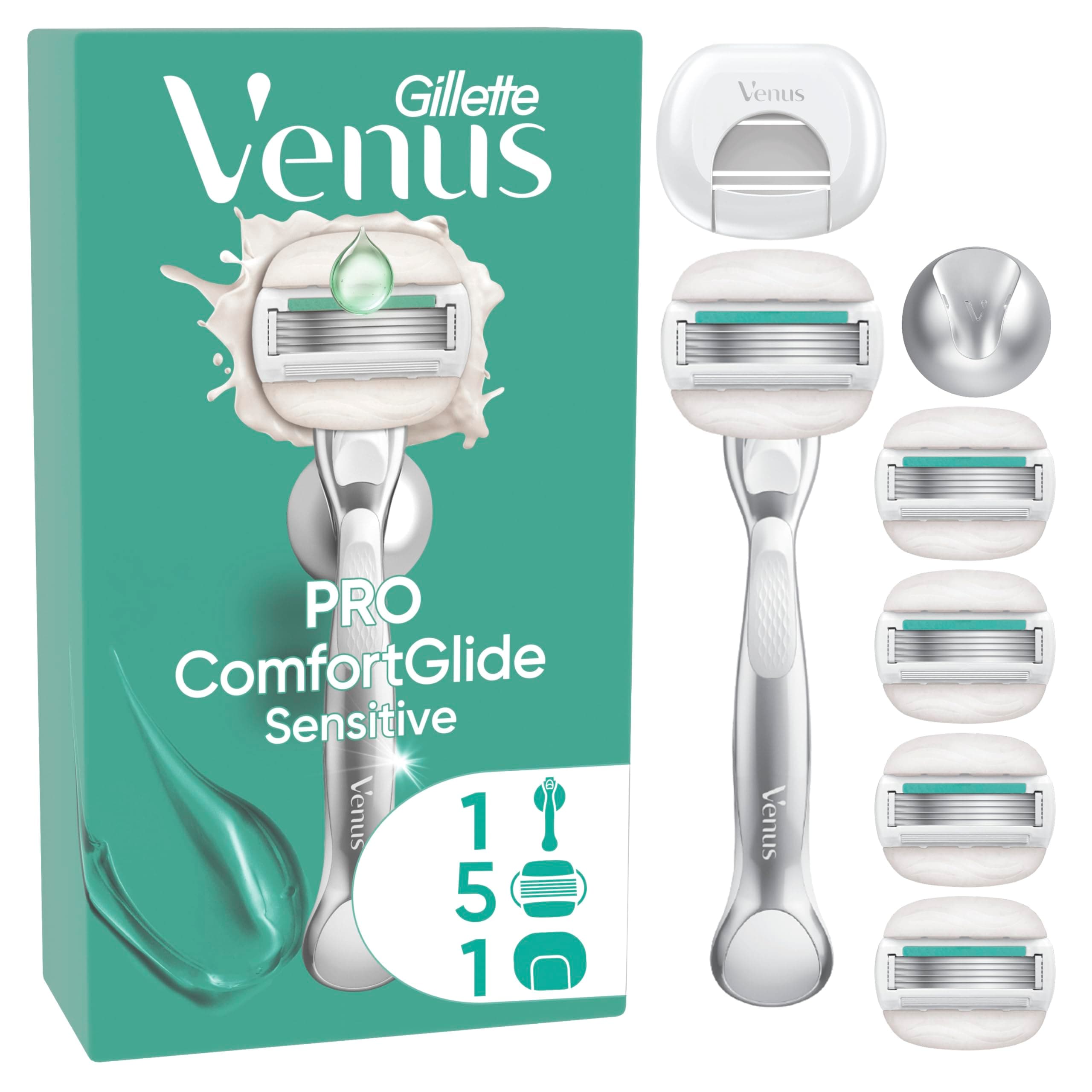 Gillette Venus Pro ComfortGlide Sensitive Rasoio Da Donna Con Un Tocco Di Aloe, 5 Lamette Di Ricambio, Manico In Metallo Riutilizzabile, Gancio Per Doccia E Copertura Da Viaggio Pezzi