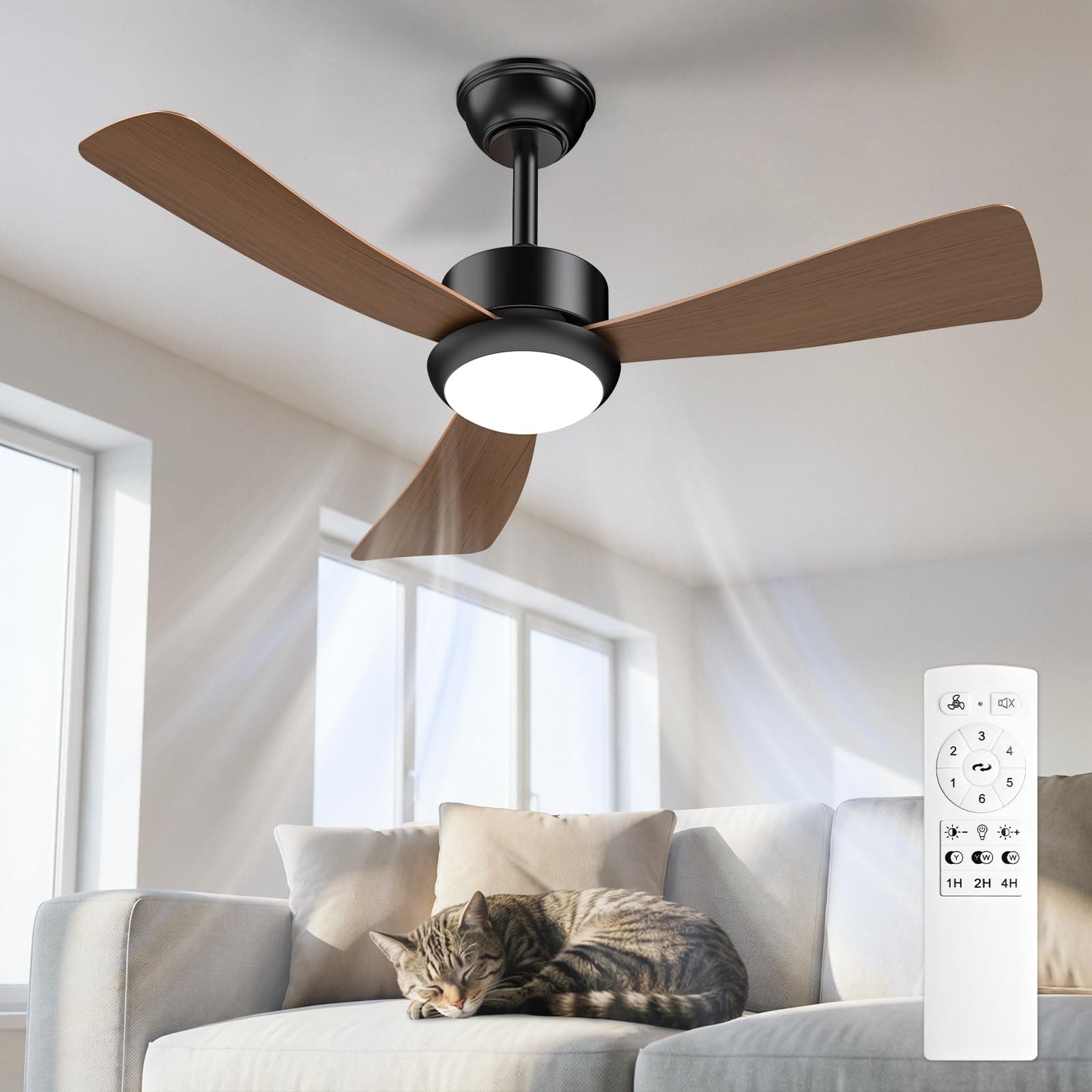 Airwit Ventilador de Techo con Luz 106cm, Aspas Efecto Madera, Ventilador Techo Silencioso con Mando, LED Regulable con 3 Temperaturas Color, Motor DC Reversible, 6 Velocidades para Dormitorio Salón