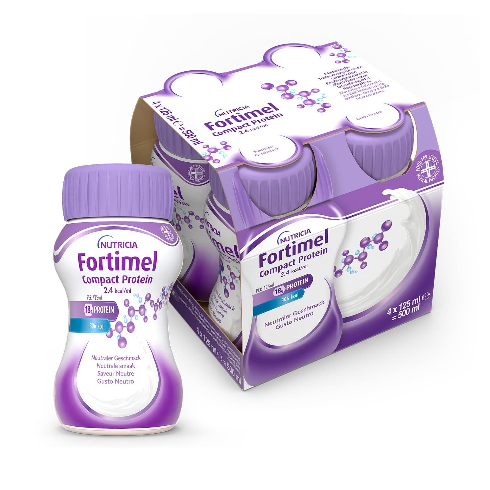 NUTRICIA FORTIMEL COMPACT PROTEIN - Supplemento Ipercalorico e Iperproteico Altamente Palatabile e Compatto, utile in caso di Malnutrizione, Alimento a Fini Medici Speciali, Gusto Neutro - 4 x 125ml