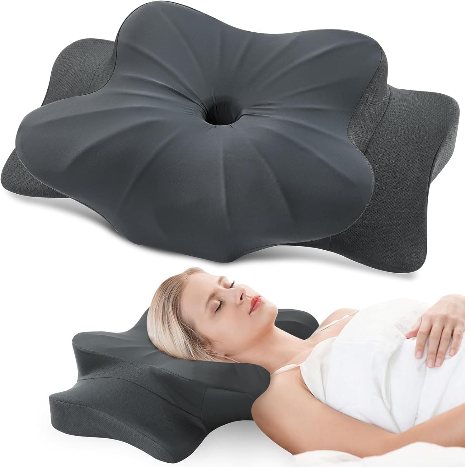 DONAMA Oreiller Ergonomique Cervical pour Les Dormeurs sur Le Côté, Le Dos Et Le Ventre, Oreiller Memoire Forme pour Le Cou et Les Épaules, avec Taie d'oreiller (Gris Foncé, 63x38x14 cm)