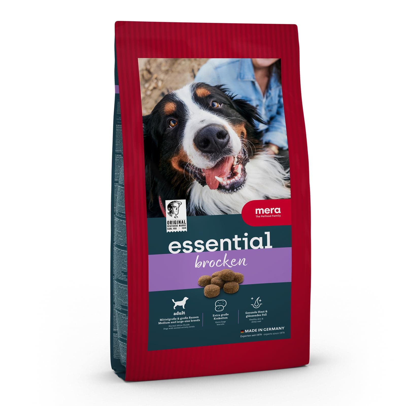 MERA Essential Brocken, Hundefutter trocken für alle Hunderassen, Trockenfutter mit Geflügel Protein, gesundes Futter mit Omega-3 und Omega-6, große Kroketten, 12.5kg
