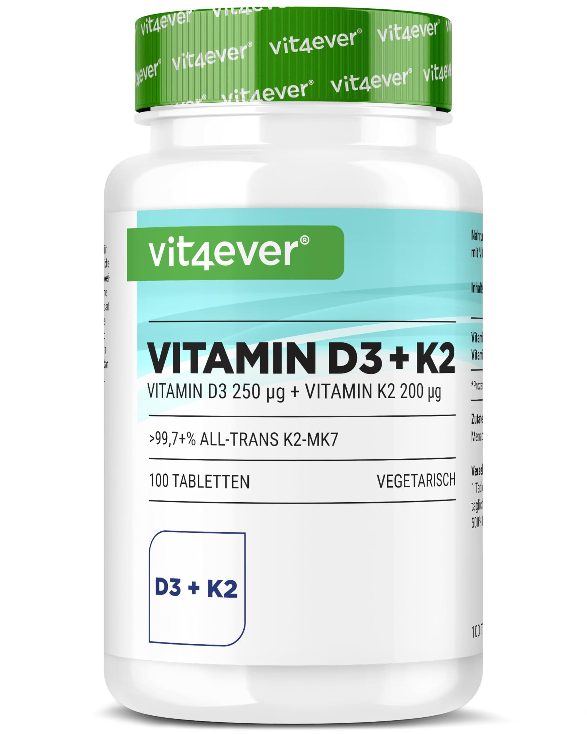 vit4ever Vitamin D3 10.000 I.E + Vitamin K2 200 µg MK7 Depot - 100 Tabletten - Hochdosiert - 99,7% All-Trans MK7 -Vegetarisch - Premium Qualität - Ohne unnötige Zusätze