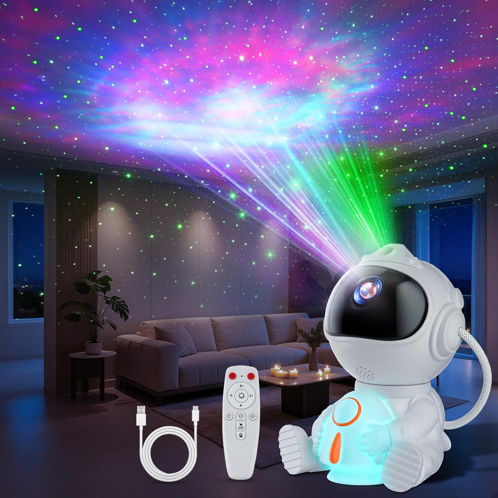 Astronaute Projecteur, LED Projecteur Ciel Etoile avec 8 Modes Nébuleuses & 5 Modes de Luminosité et de Vitesse, 2 Modes Étoiles, Projecteur Galaxie Veilleuse Fusée pour Adultes et Enfants