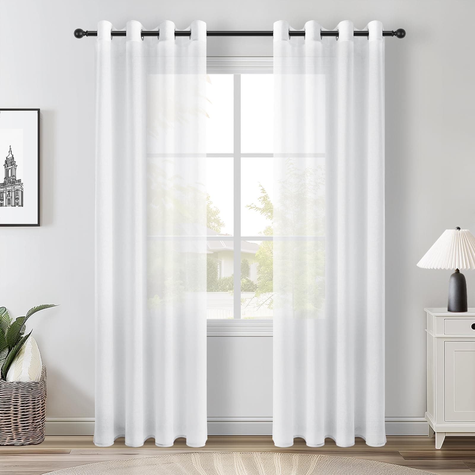 Topfinel Rideau Voilage Blanc 140x225cm Rideaux Voilages Salon Fenetre Intérieurs Effet Lin Transparent d'Oeillets Panneaux de Rideau Voile et Draperies pour Porte Cuisine Chambre Enfant, 2 Pièces