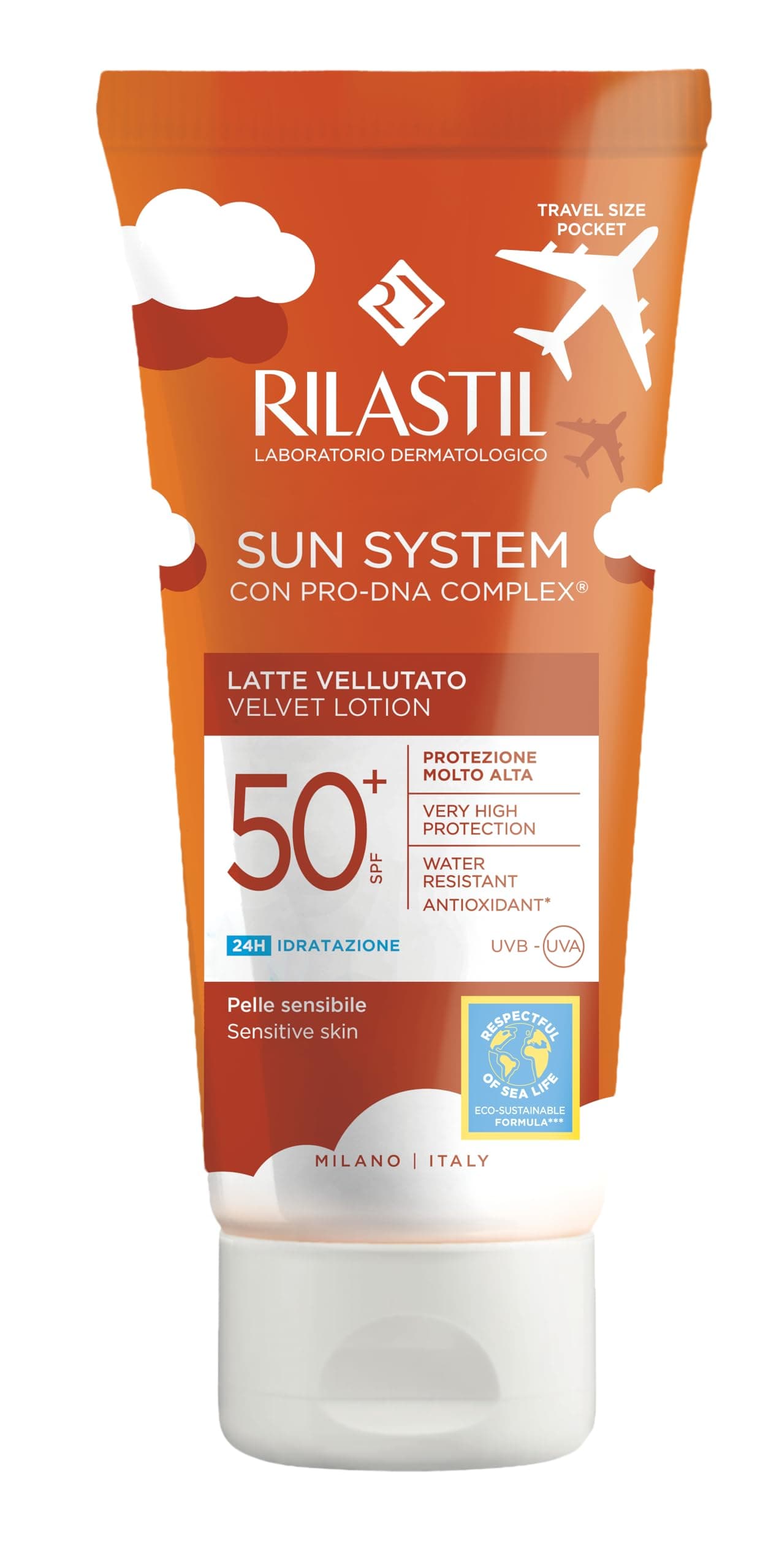 Rilastil Sun System Latte Vellutato, Emulsione Fluida dalla Texture Vellutata per Pelli Sensibili, Resistente all'Acqua, SPF50+,100ml