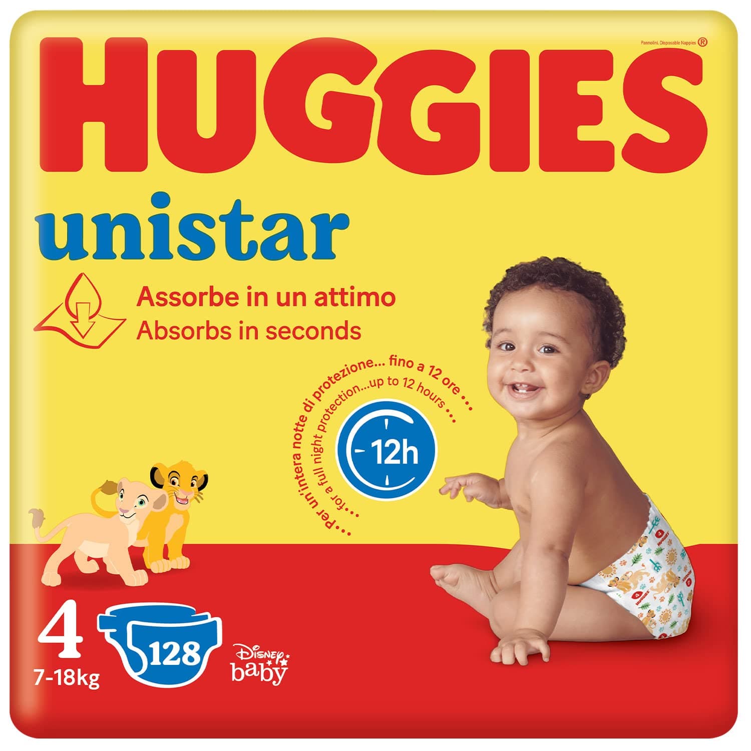 Huggies Unistar, Pannolini Taglia 4 (7-14 Kg), Ultra assorbente, Protezione Completa, Design Disney, 128 Pz