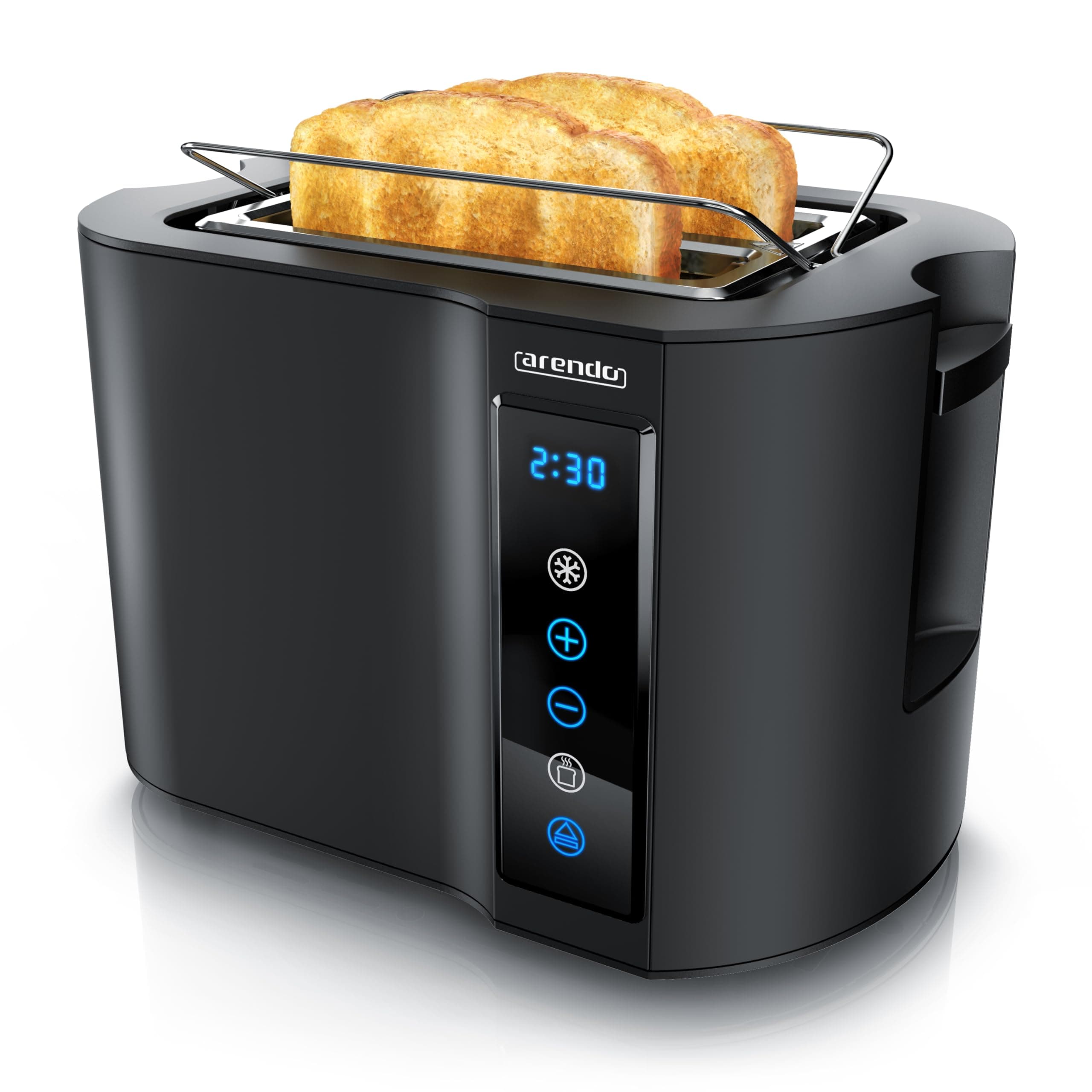 Arendo - Touch Toaster 2 Scheiben Edelstahl - Touchpanel - digital Display Restzeitanzeige - 800 W – Doppelwandgehäuse – mit Brötchenaufsatz – 7 Bräunungsgrade – Brotscheibenzentrierung - Schwarz