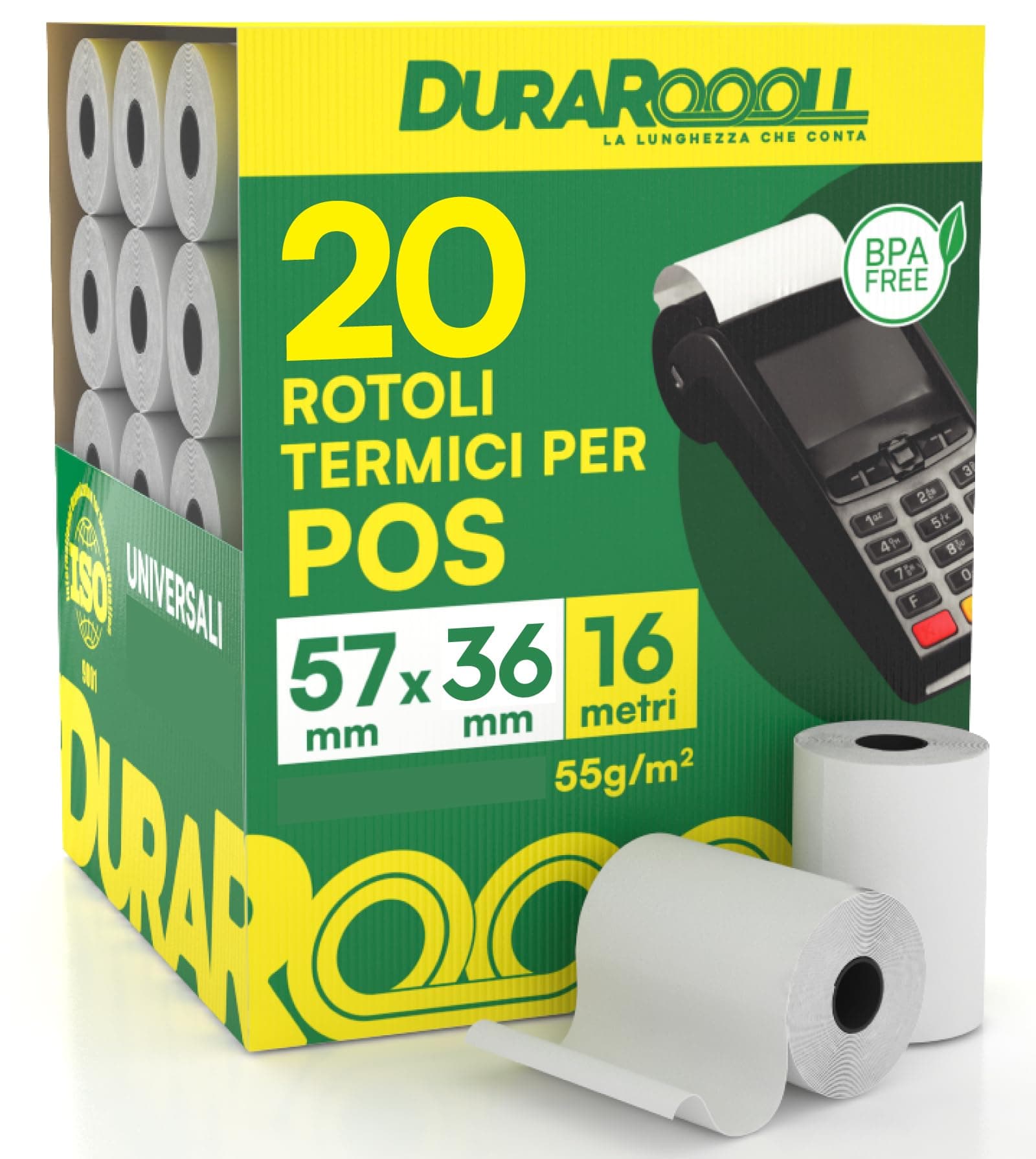 20 Rotoli Carta per POS 57x36 Rotolini Termici DuraRoooll - Rulli Carta Termica 16m Compatibile con Nexi SumUp Pax Axerve Ingenico Smart POS - Rullini per Scontrini Ricevute Bancomat Carte di Credito