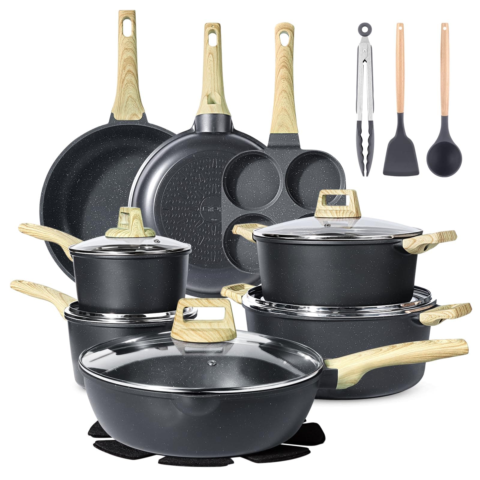 GiPP 22 Pezzi Set di Pentole a Induzione - Set di Padelle e Pentole con Rivestimento Antiaderente, Batteria da Cucina Atossica, Adatta a Diversi Tipi di Fornelli, Grigio