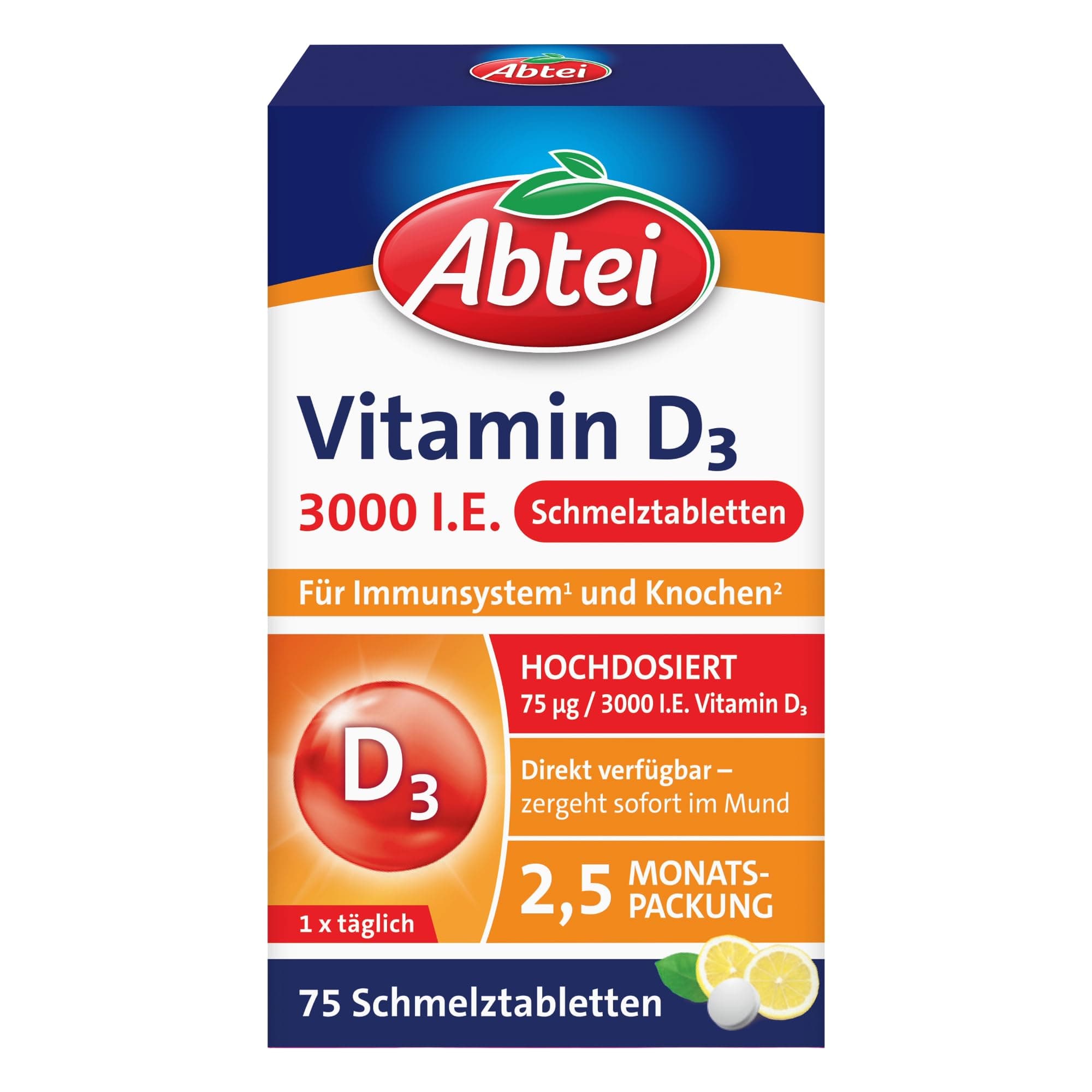Abtei Vitamin D3 3000 I.E. - unterstützt Immunsystem und Knochen - laborgeprüft, glutenfrei, laktosefrei und vegetarisch - 75 Schmelztabletten mit Zitronengeschmack