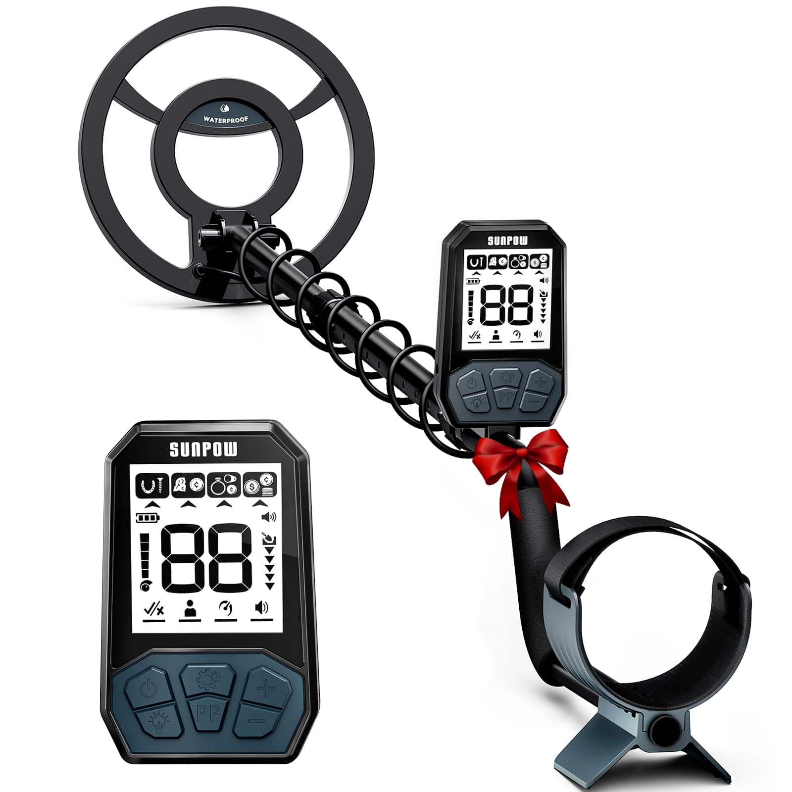 SUNPOW Detector de Metales Recargable para Adultos y Niños - Batería de Larga Duración 20H - 4 Modos para Detección de Oro - Bobina de Búsqueda Impermeable IP68 de 8" con Luz de Fondo en LCD