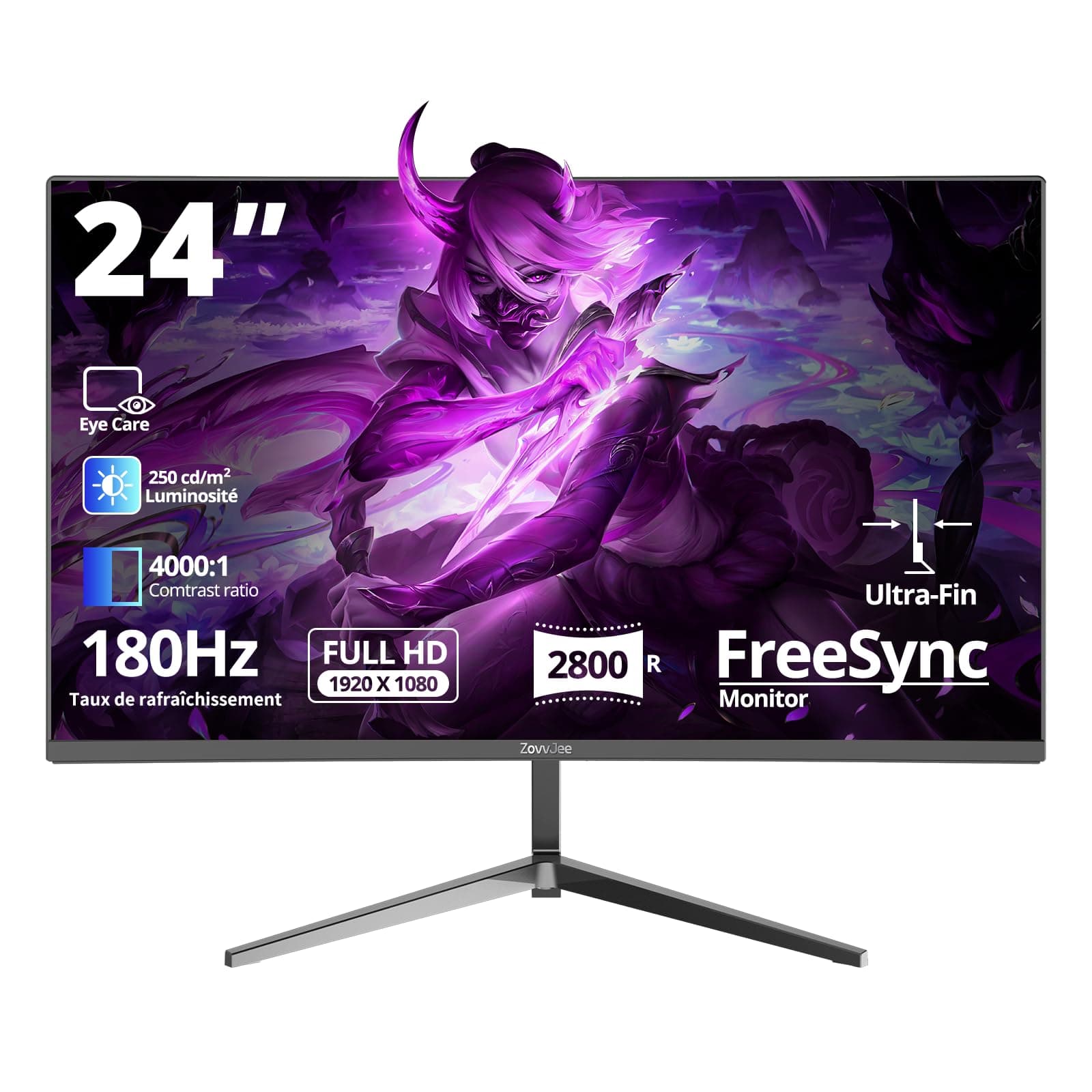 ZovvJee Écran PC Gamer Courbé 24 Pouces 180Hz - Résolution FHD 1080p, Temps de Réponse 1ms, FreeSync, 100% sRGB, Bordure Ultra-Fine, Angle de Vue 178°, HDMI/DisplayPort, Mural VESA 75x75mm - Noir