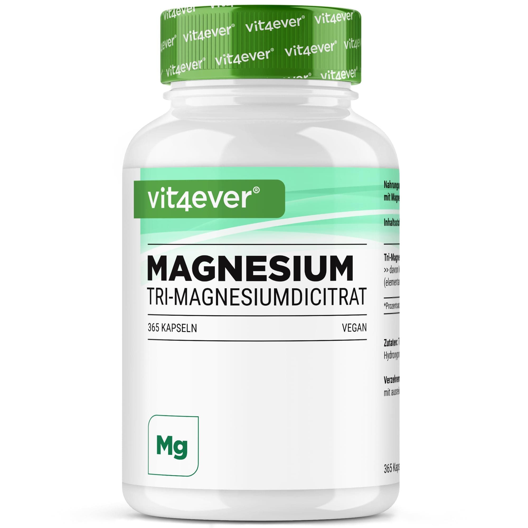 vit4ever Magnesiumcitrat - 365 Kapseln - 2250mg davon 360 mg elementares Magnesium je Tagesportion - 100% Tri-Magnesiumdicitrat ohne Zusätze - Laborgeprüft - Hochdosiert - Vegan