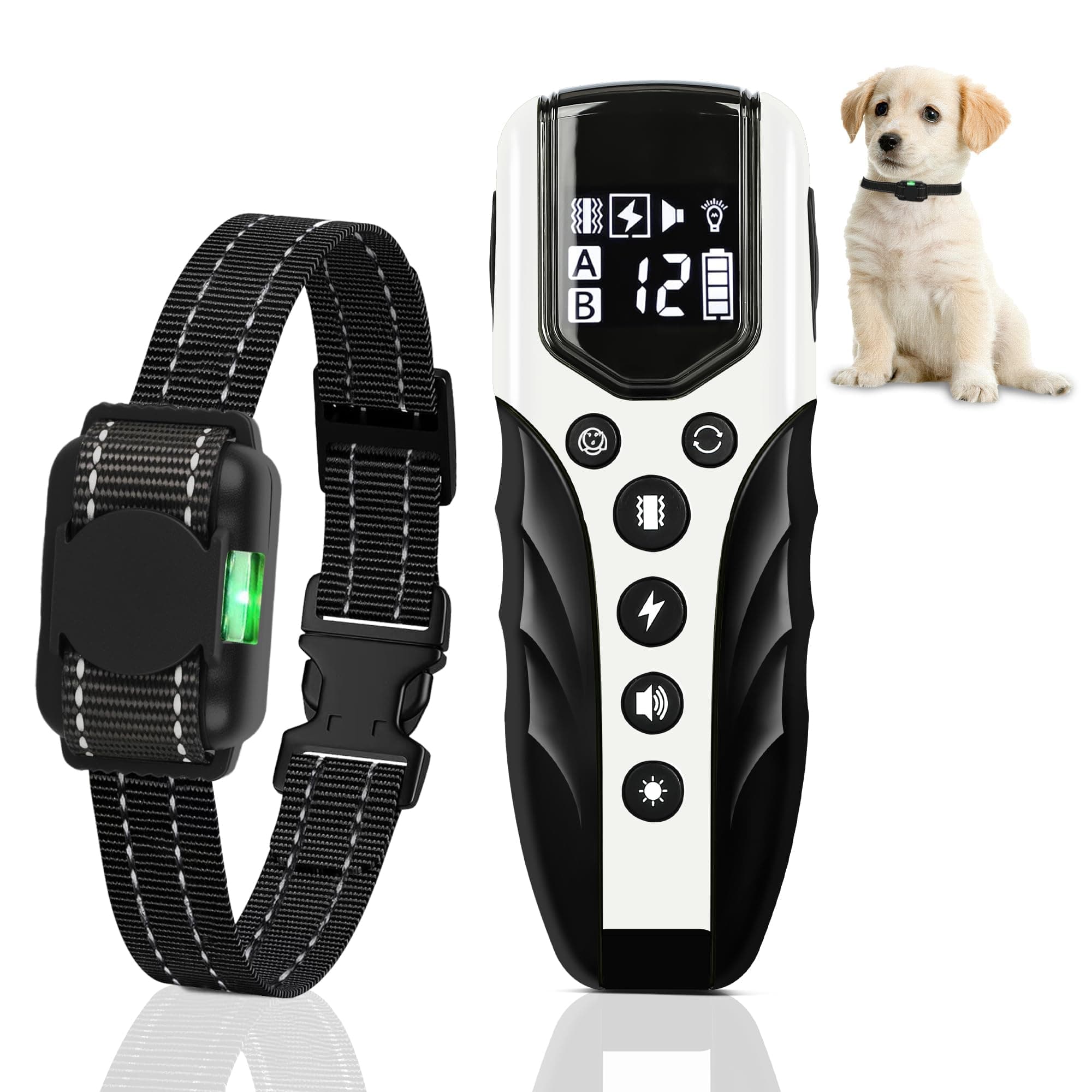 Collier Dressage Chien avec Télécommande-Le Plus Petit et Le Plus Léger Collier de Dressage Chien,Conçu pour Les Chiots,3 Modes : Voix, Vibration, Stimulation,Étanche IPX7,Rechargeable,Blanche