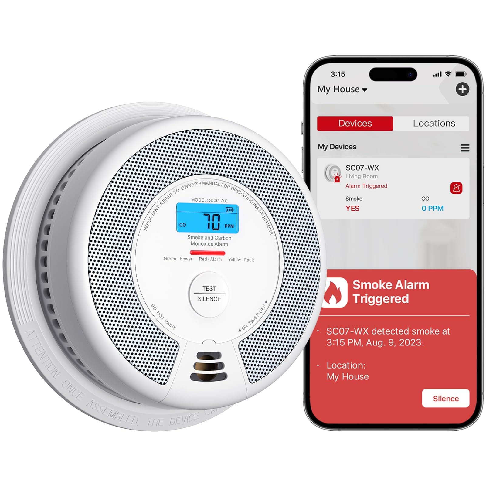 X-Sense Wi-Fi Rilevatore di fumo e monossido di carbonio, allarme con batteria sostituibile, sensore combinato compatibile con X-Sense Home Security APP, EN 14604 e EN 50291 conformi, SC07-WX, 1 Pezzo