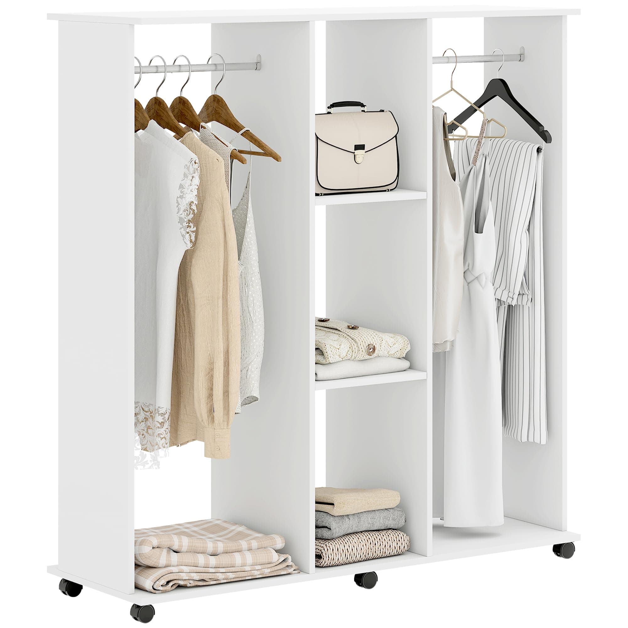 HOMCOM Armoire Penderie Meuble de Rangement Mobile 6 roulettes 120L x 40l x 128H cm en Bois Blanc