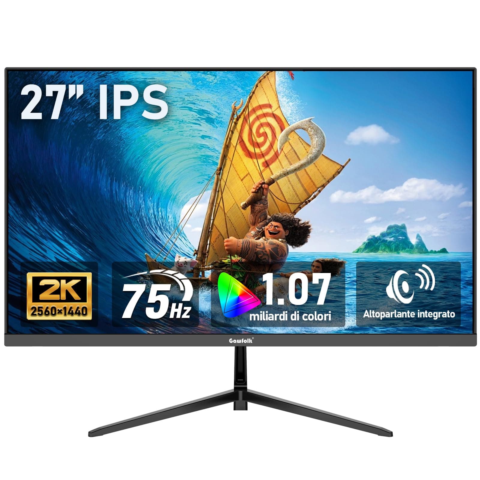 Gawfolk Monitor per computer IPS da 27 pollici 2K QHD (2560×1440), schermo per PC gaming 75Hz, 1ms, Adaptive Sync, 100% sRGB, 1,07 miliardi di colori, Altoparlante integrato,DisplayPort, HDMI, Nero