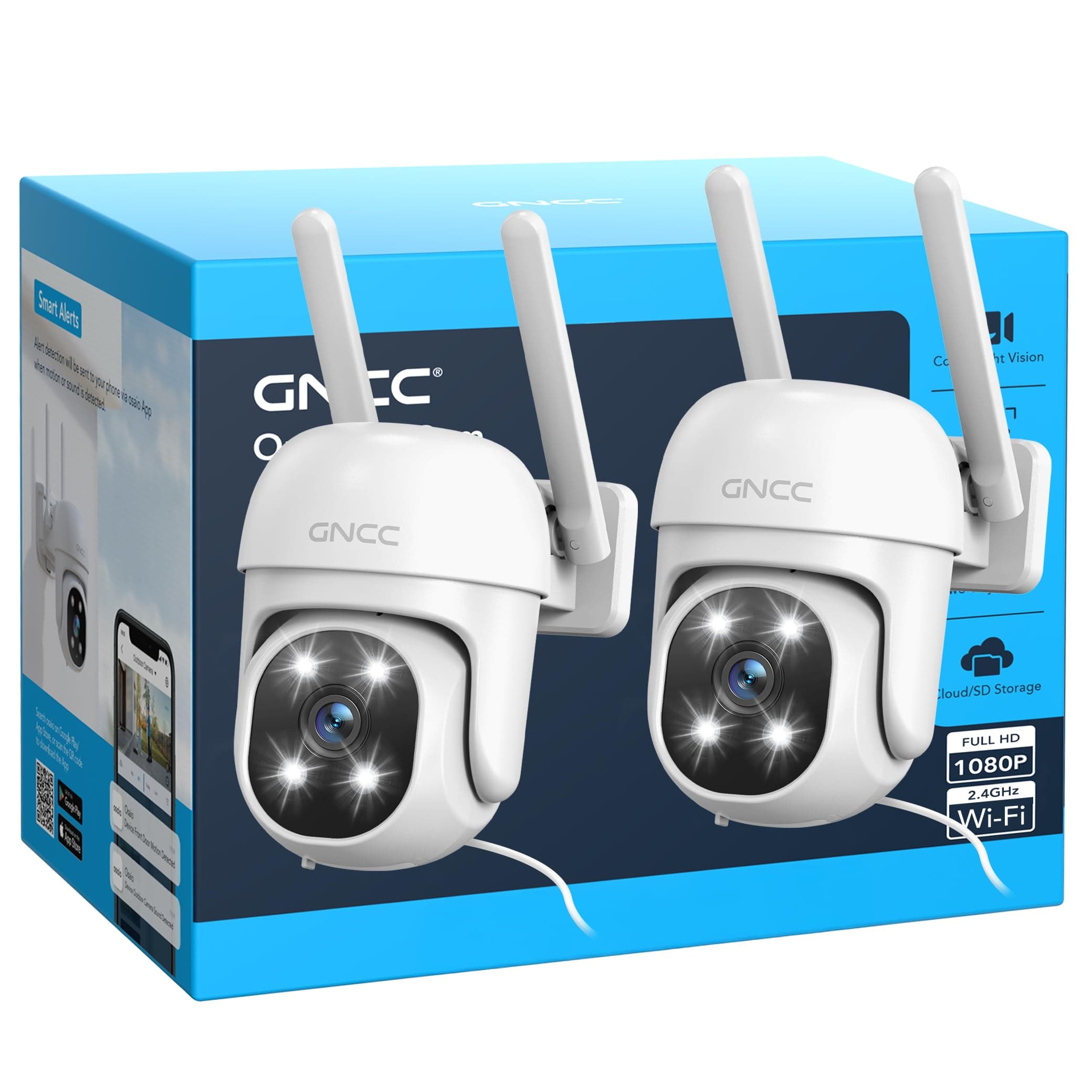 GNCC GK2 Kit 2 Telecamera Wi-Fi Esterno, 1080P Videocamera, 360° PTZ, Rilevamento Movimento, IP65, Tracciamento Movimento, Abbonamento Cloud Richiesto, Notifiche APP, Solo WiFi a 2,4 GHz, Plug-in