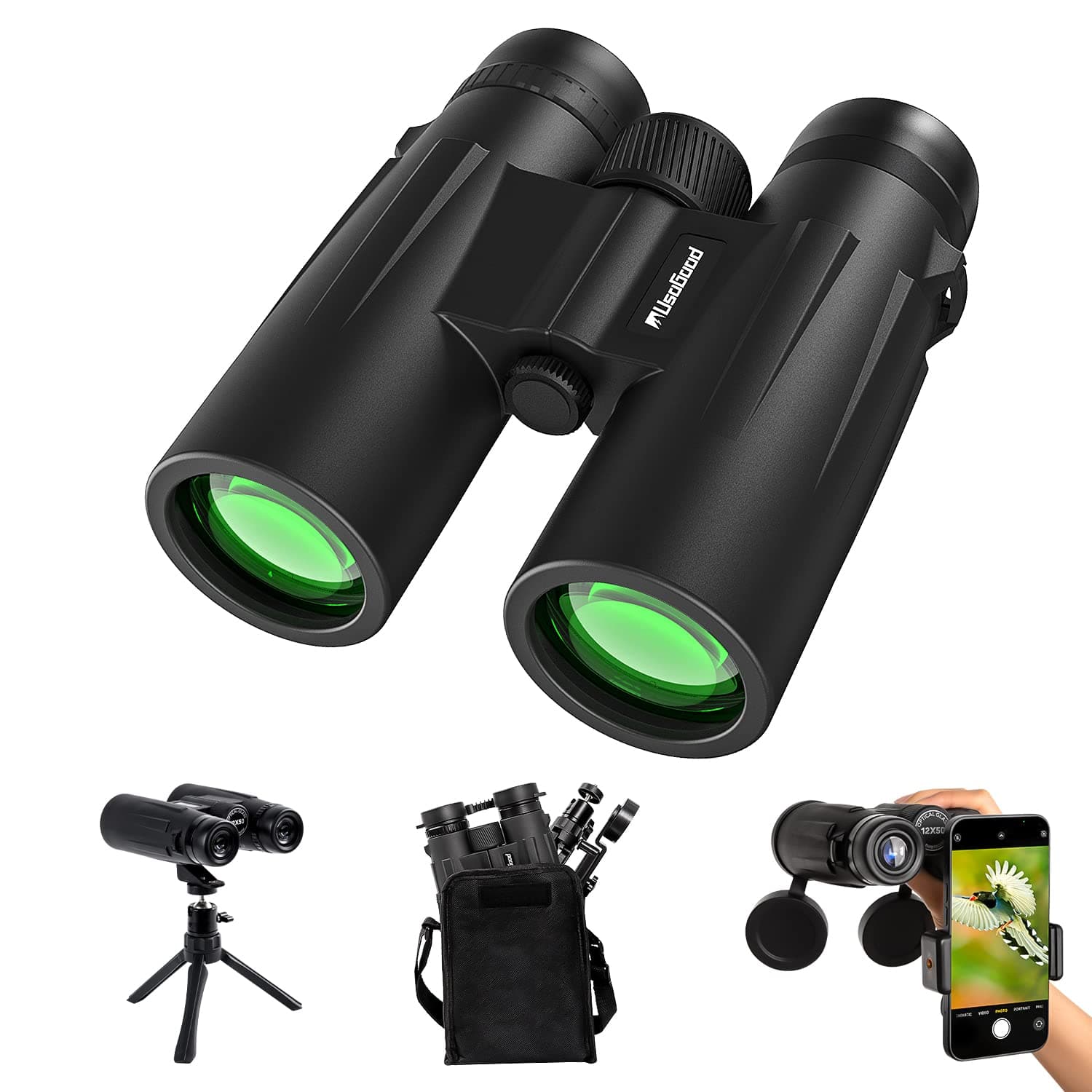Usogood Professional 12 x 50 Prismáticos para Adultos - Prismas BaK4 y Lentes FMC, Potentes Binoculares para Observación de Aves, Caza, Senderismo con Adaptador para Teléfono con Trípode