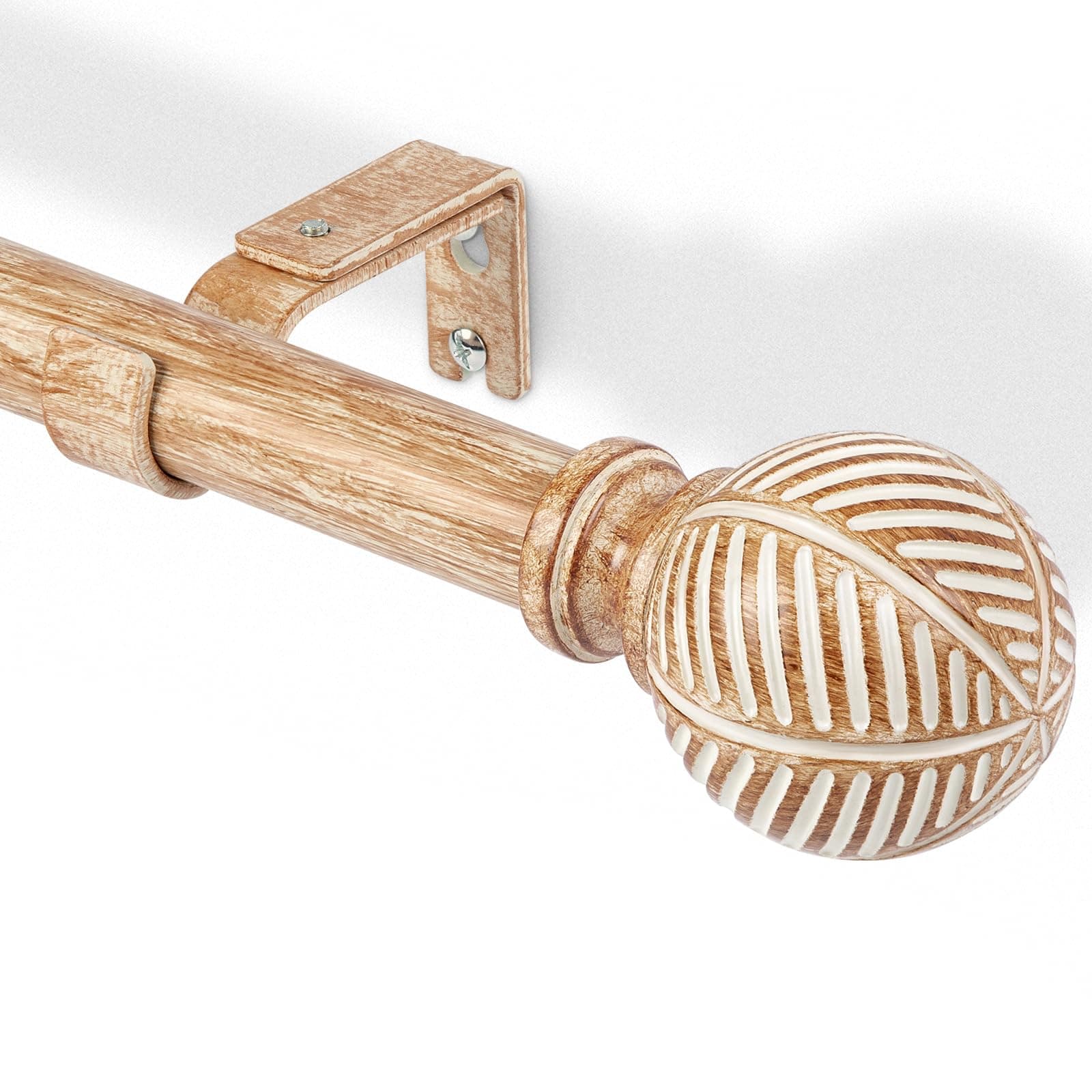 DEFYNEE Tringle à rideaux en bois 76-152 cm, tringle à rideaux de 25 mm de diamètre, tringle à fenêtres réglable avec motif imitation de feuilles de céréales, pour patio, portes vitrées, salon - Brun