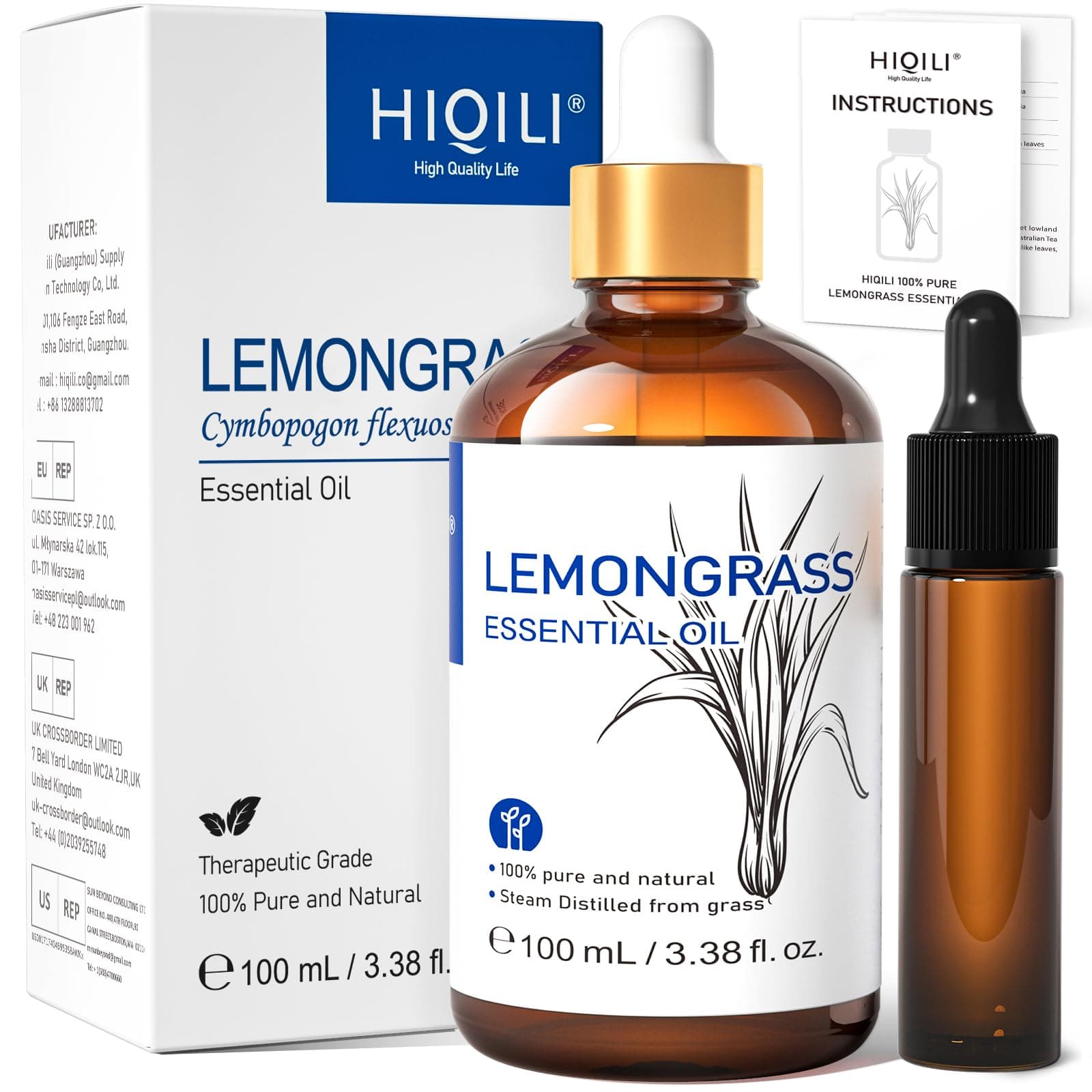 HIQILI 100ML Olio Essenziale di Lemongrass, 100% Oli Naturali Puri Non Diluiti