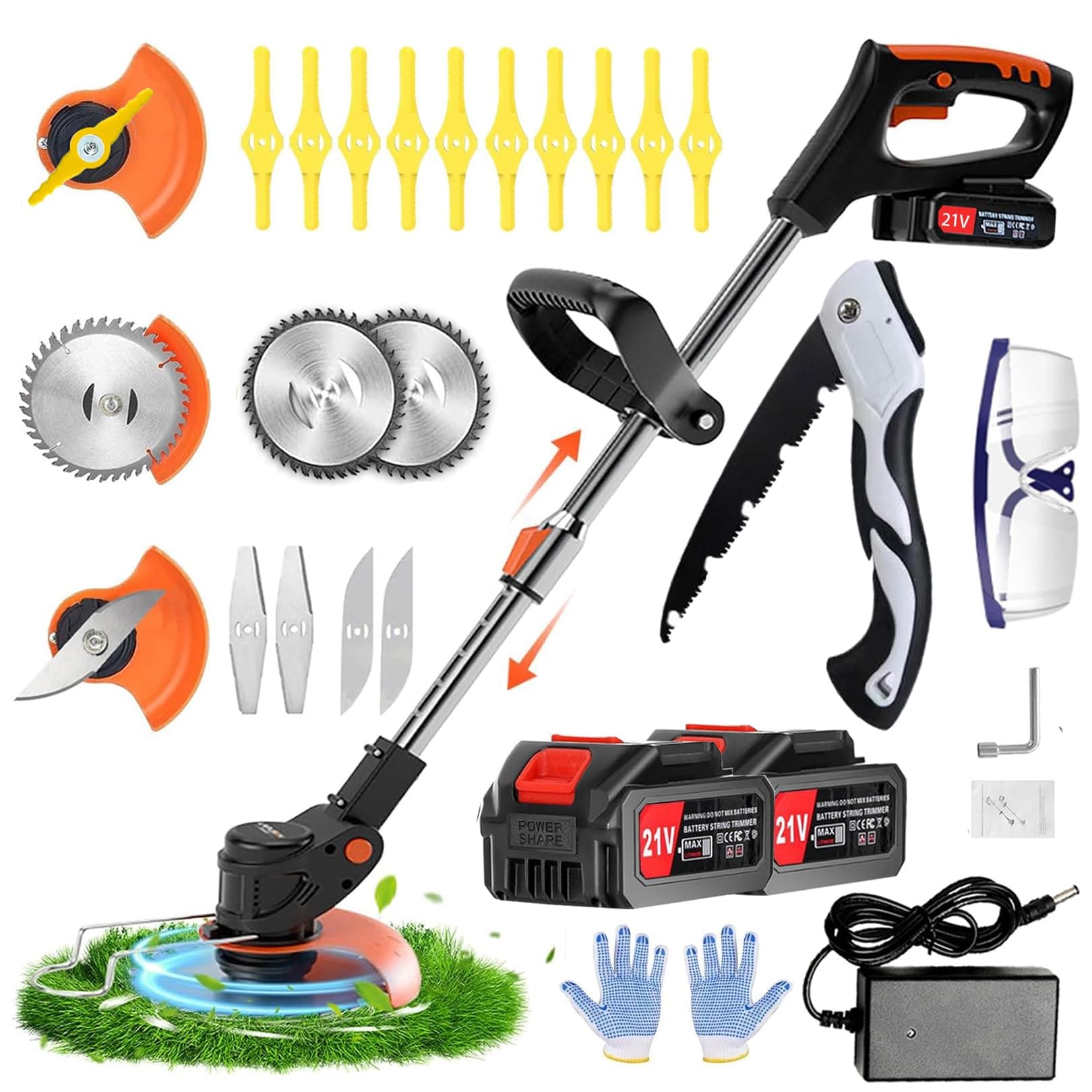 Debroussailleuse Electrique sans Fil, Débroussailleuse Batterie, avec 2 Batteries 21V 2.0Ah et 3 Lames, Coupe Bordure sans Fil avec Batterie pour tondre Le Jardin et la pelouse.