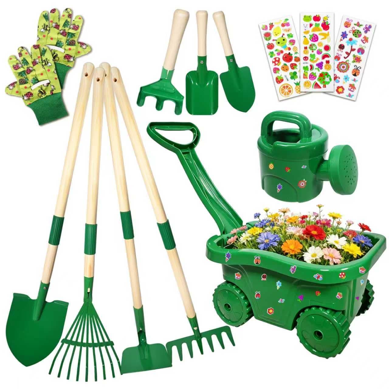 Brouette pour Enfants, 13pcs Brouette Jardin, Kit de Jeu avec Outils de Jardinage pour Enfants, Outillage de Jardin pour Enfants avec Brouette, Bêche, Autocollants, Rateau, pour Plage(A)