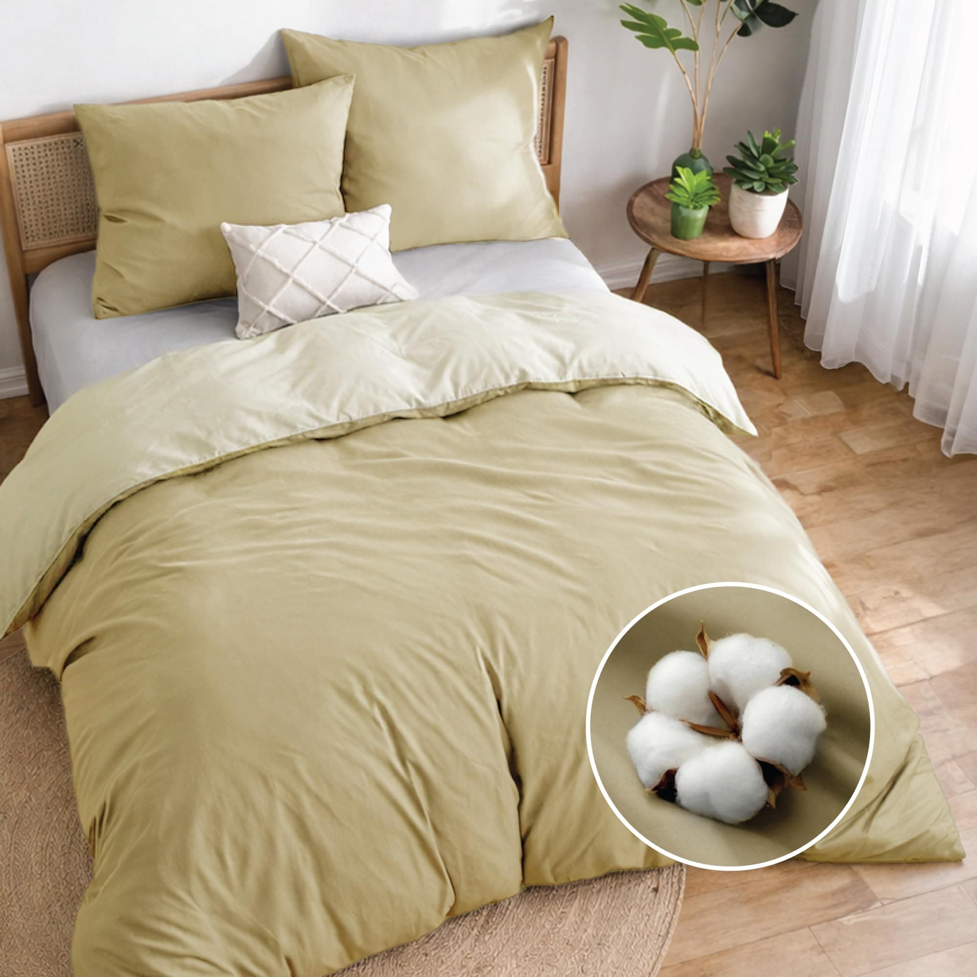 Dreamzie Housse de Couette 200x240 Réversible en Coton - Beige - Parure de lit Adulte 3 Pièces avec 2 TaieS 65x65 + 1 Housse de Couette Bicolore - Oeko-Tex - Lavable à 40°C