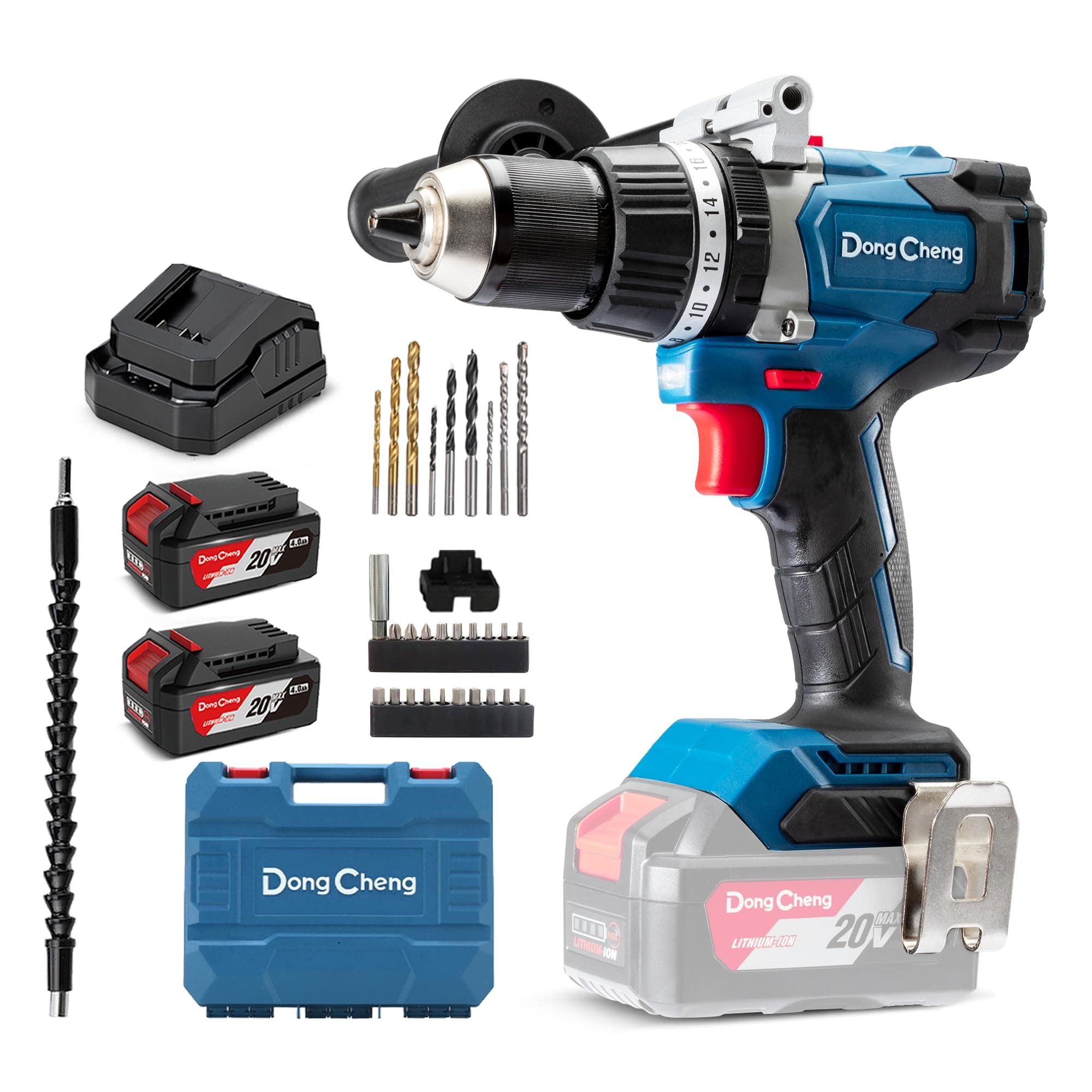 Dong Cheng Taladro percutor a batería 18V 120Nm, taladro atornillador batería con 2x 4,0Ah, 24+3 niveles de par, portabrocas de 13 mm, 2 velocidades, para taladrar, atornillar y perforar con percusión