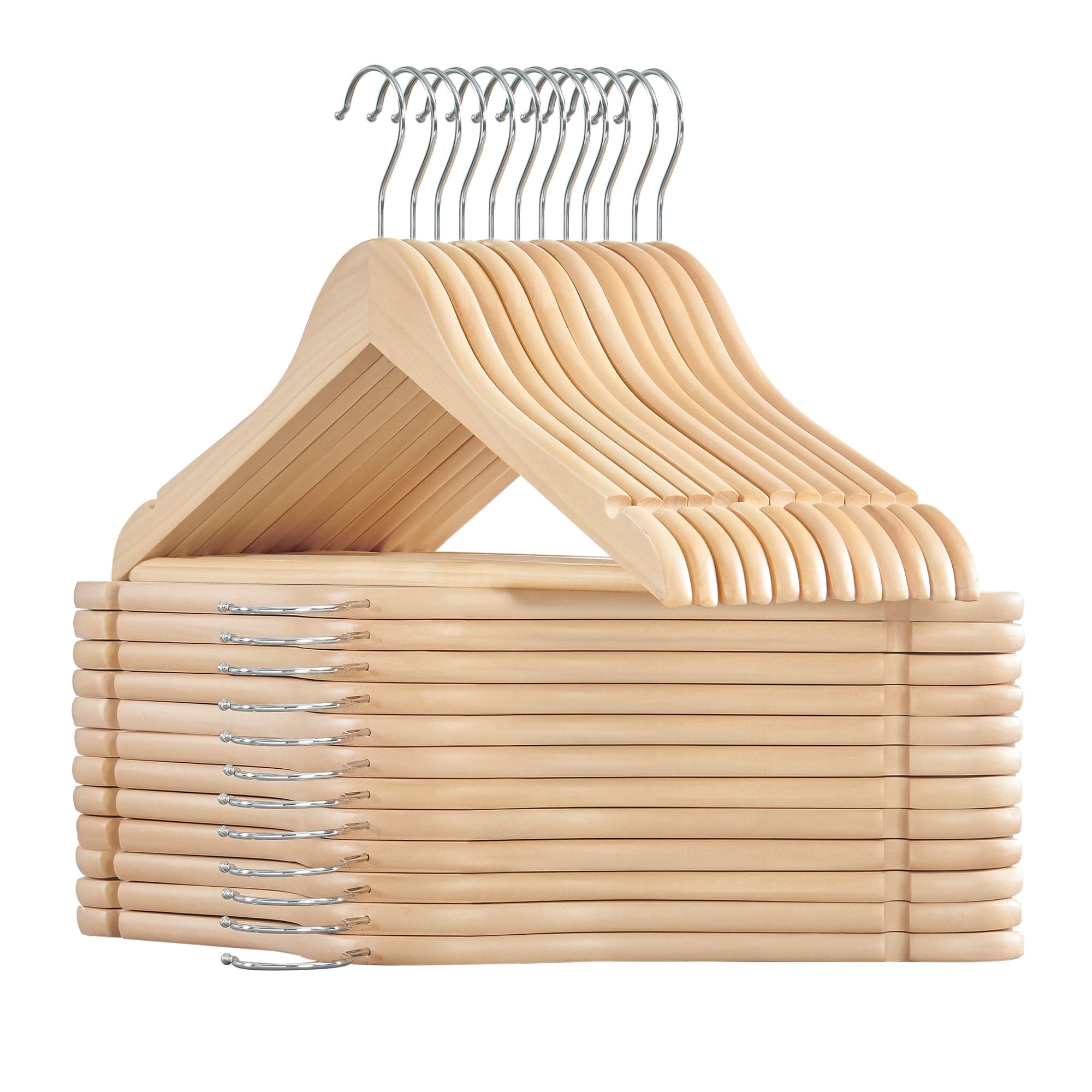 SONGMICS Kleiderbügel Holz, 24er Set Bügel, Holzbügel, Einkerbungen im Schulterbereich, Hosensteg, Hosenbügel, 360° drehbarer Haken, für Jacken Hemden Mäntel, naturbeige CRW010N24