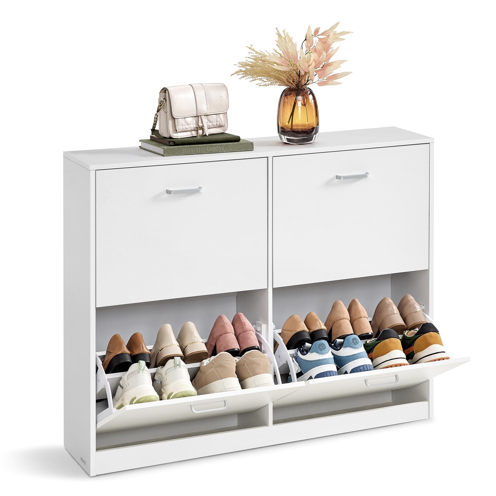 VASAGLE Schuhschrank 4 Klappen, Schuhkipper, Schuhregal, Schuhaufbewahrung, Trennwand verstellbar, für 16-28 Paar Schuhe, Flur, 24 x 105,5 x 82,7 cm, schneeweiß LBC035W01