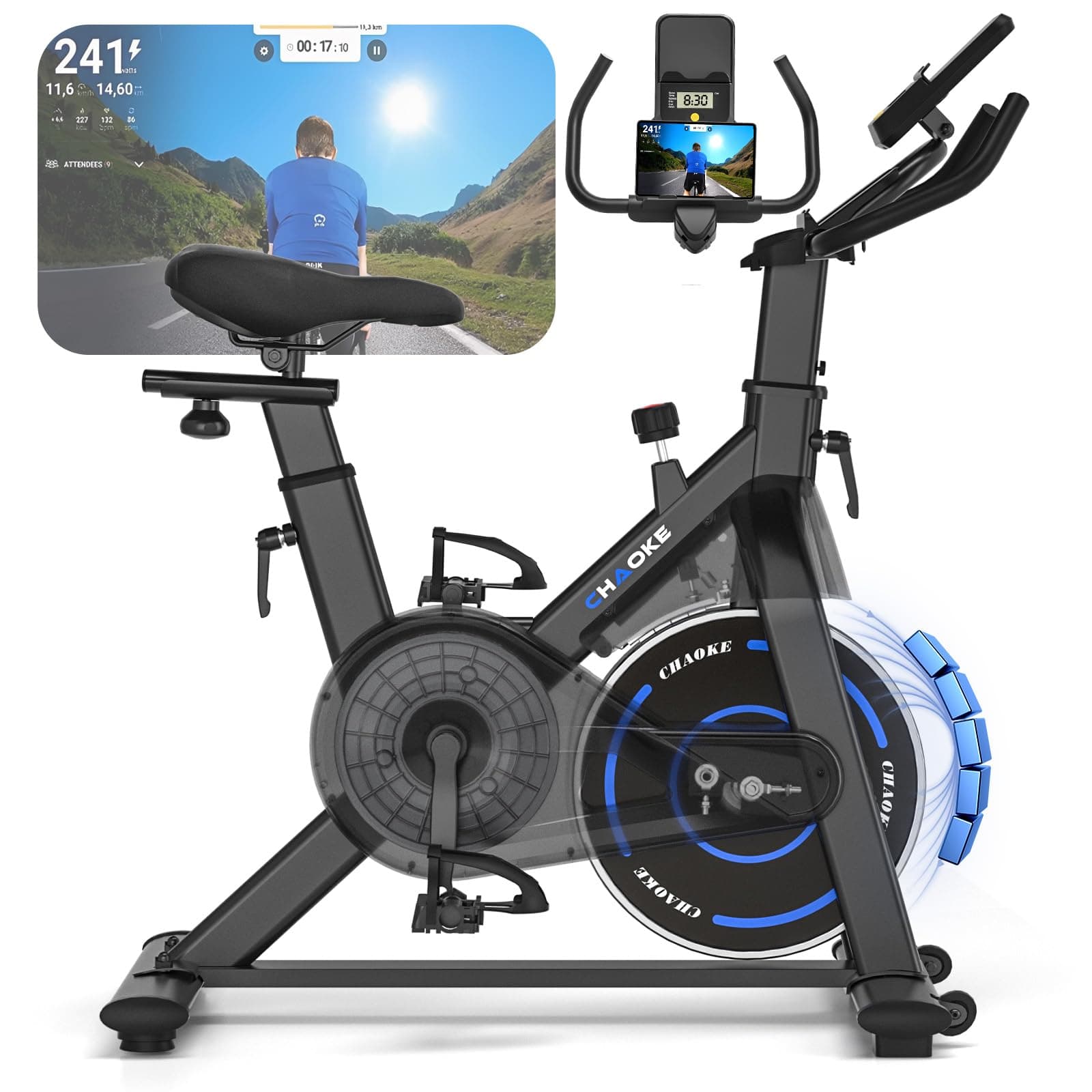 CHAOKE Velo d Appartement Silencieux avec Résistance Magnétique Réglable, Vélo d'appartement avec APP, Vélo d'exercice Moniteur LCD, Siège Confortable, Pour Entraînement Cardio, Capacité 160KG