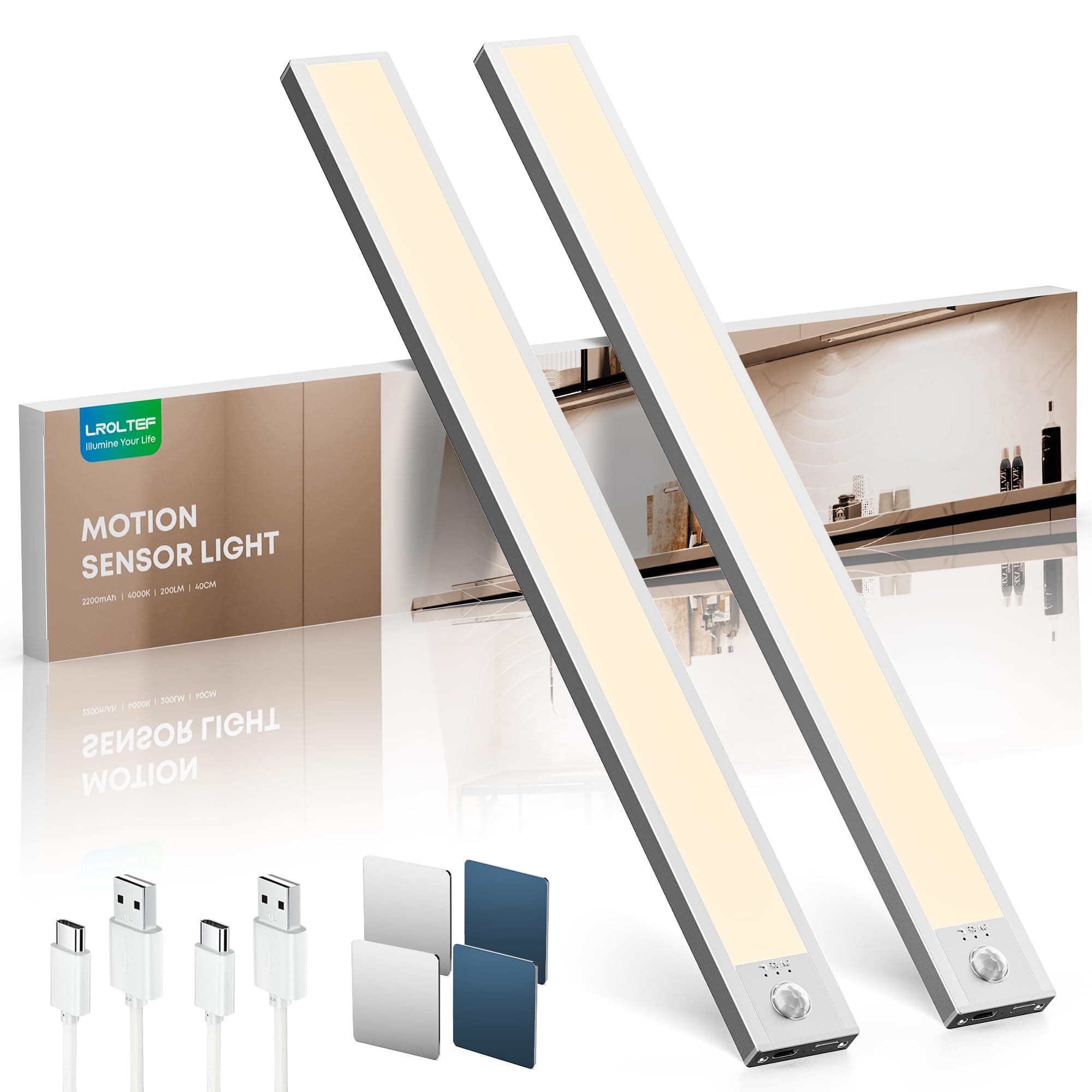 LROLTEF Luz Led Armario Cocina con Sensor de Movimiento Interior 40CM 2200mAh 4000K 66 LED Lampara Luces Mueble Recargable sin Cables Inteligente Lamp Nocturna para Gabinete Escalera Pasillo 2 Piezas