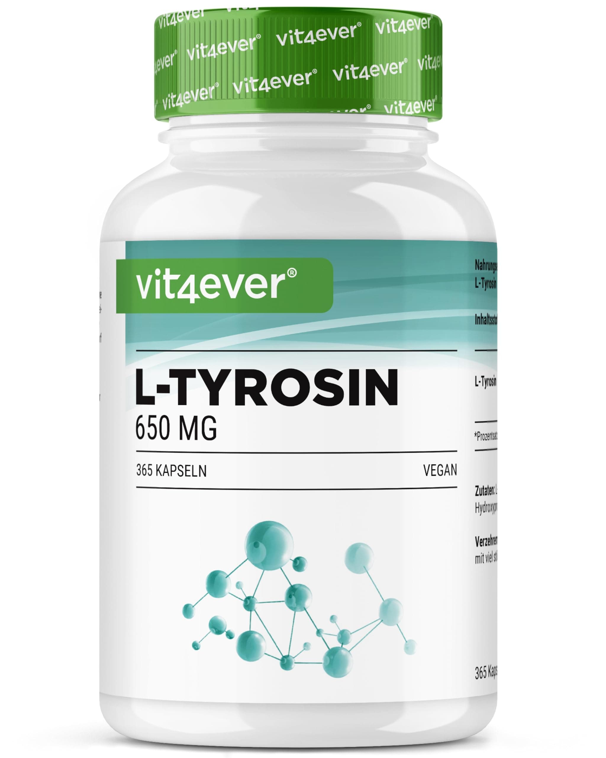 vit4ever L-Tyrosin - 365 vegane Kapseln - Extra hochdosiert mit 1300 mg pro Tagesportion - Reine Aminosäure aus pflanzlicher Fermentation - Vegan - Hochdosiert